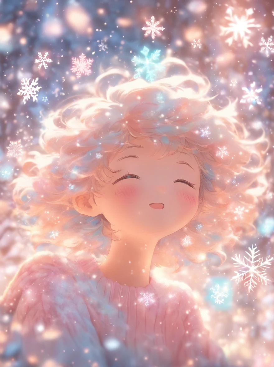 The exhaled breath is white：1.5，look up sky，wearing a pink knitted hat，Snowflakes and stars on pink and blue background, Ayako Rokkaku'pastels, Tumbler, holography, light snowing, pastel faded effect, snowy background, light snowing, background is heavenly, Dancing snowflakes, Snowflower, Gentle background, Background pastels, Shining snow, Snowflower, bokeh rainbow accent, snowflakes falling, magical background