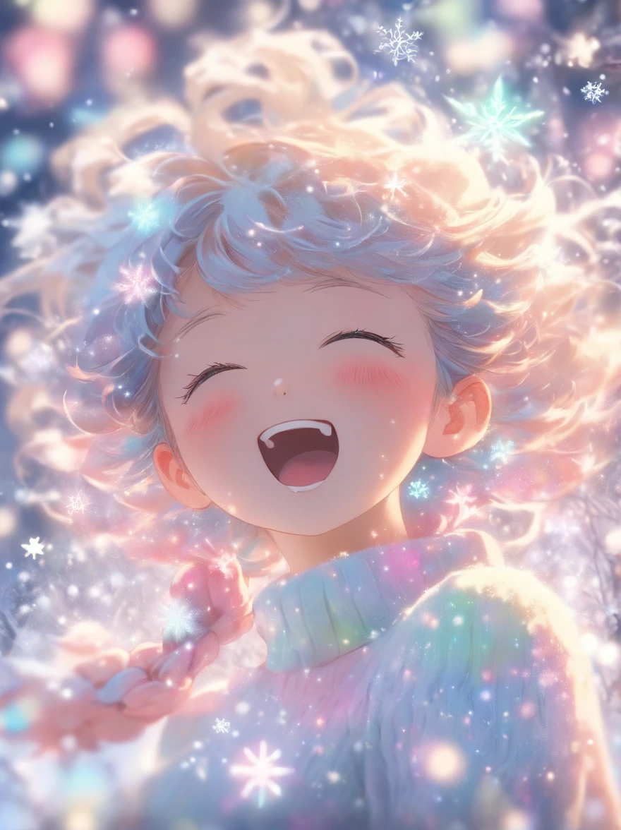 The exhaled breath is white:1.5,look up sky,wearing a pink knitted hat,Snowflakes and stars on pink and blue background, Ayako Rokkaku'pastels, Tumbler, holography, light snowing, pastel faded effect, snowy background, light snowing, background is heavenly, Dancing snowflakes, Snowflower, Gentle background, Background pastels, Shining snow, Snowflower, bokeh rainbow accent, snowflakes falling, magical background