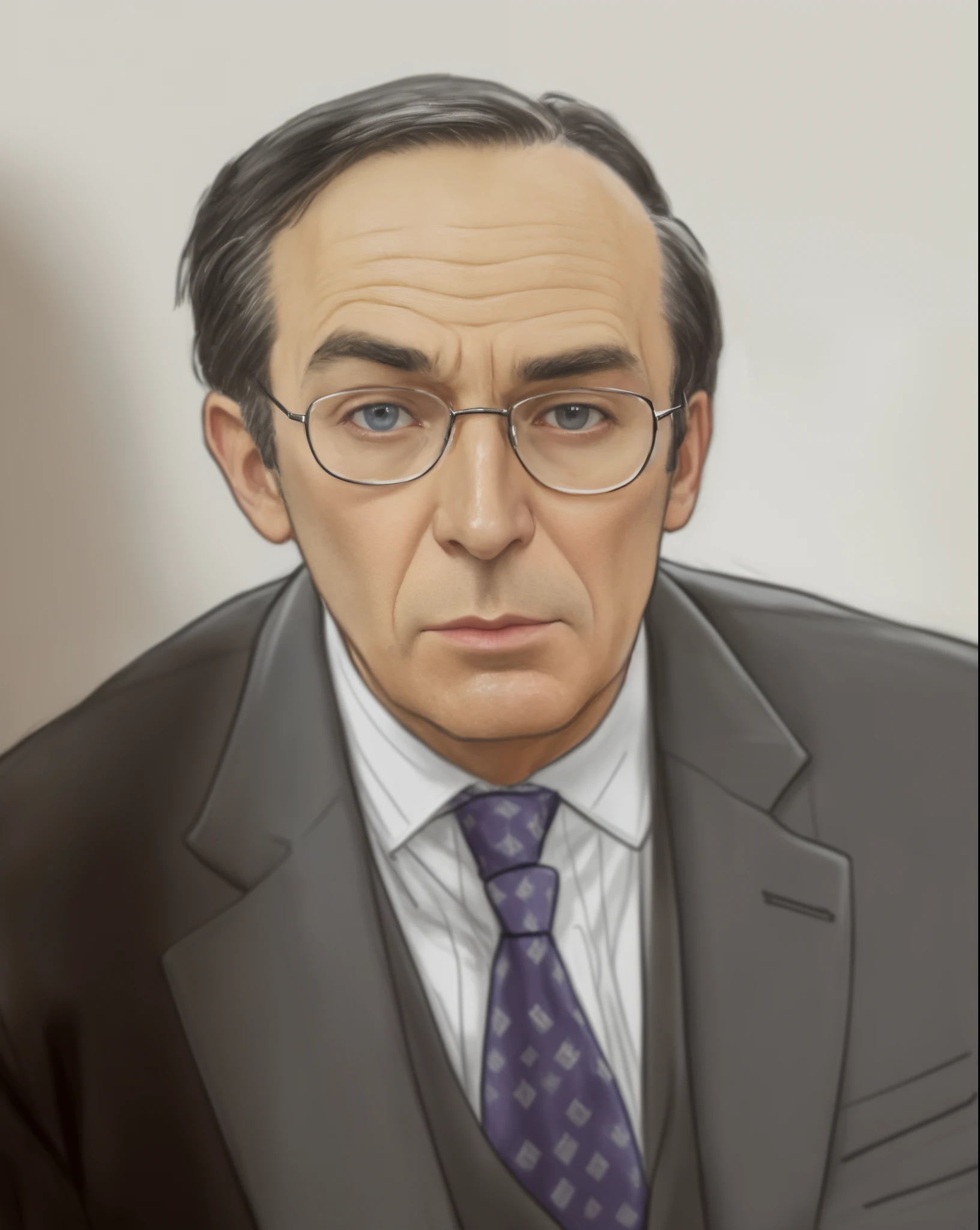 A picture of a man with a serious expression wearing a suit and tie, Coat Sketch Art, Courtroom sketch, Courtroom sketch, Courtroom drawings, Courtroom drawings, Todd Howard Courtroom Sketches, Saul Goodman portrait, Ace Attorney Saul Goodman, illustrious, full close-up portrait, portrait closeup, Grandson of Benjamin, Andrew Krivlya, medium close up portrait, arthur haas