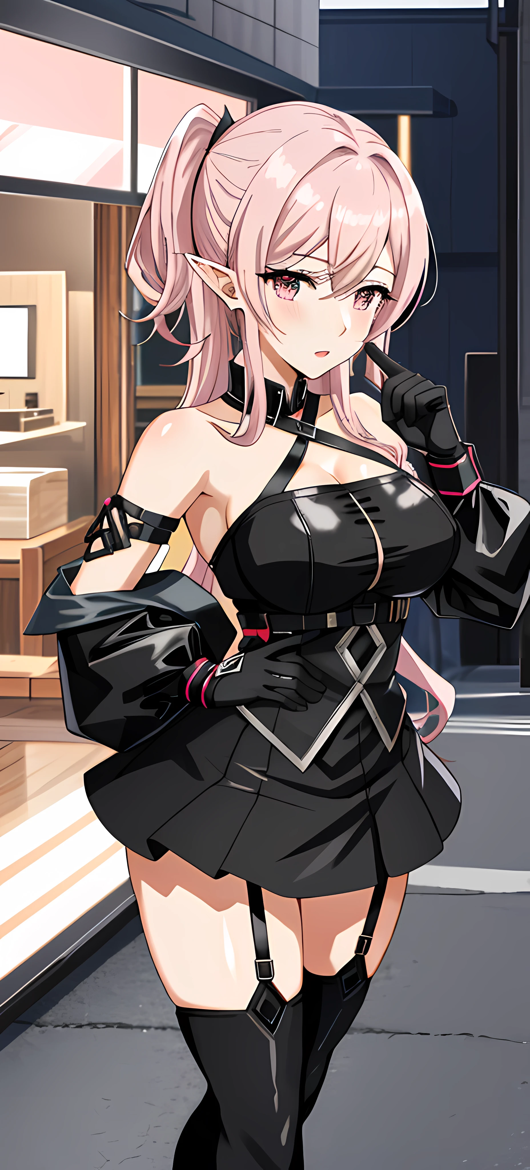 anime girl with pink hair and black dress posing for a picture, 2b, 2 b, anime girl wearing a black dress, seductive anime girl, tifa lockhart with white hair, v from devil may cry as an elf, from girls frontline, fine details. girls frontline, succubus in tight short dress, at pixiv, **** in dress