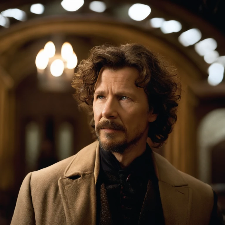 Sirius is tall with shaggy curly brown hair, with brown eyes and a goatee. Famously portrayed by Gary Oldman,Harry Potter series,Sirius is tall with shaggy curly brown hair, with brown eyes and a goatee. Famously portrayed by Gary Oldman,face,photo