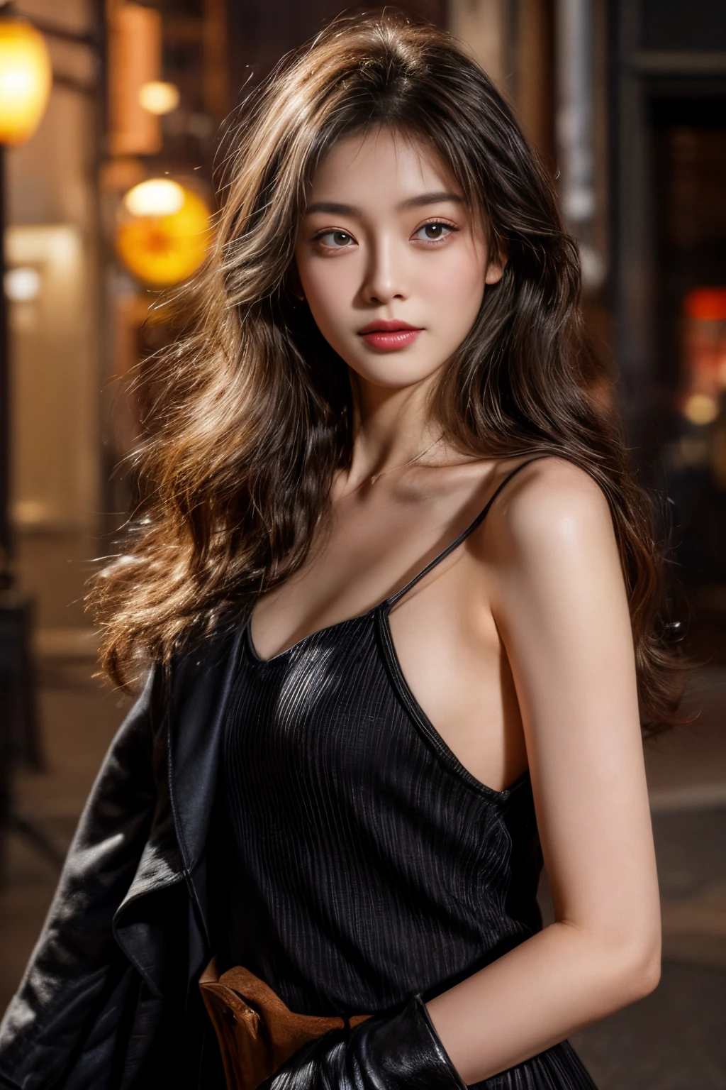 masterpiece、8K、32K、top-quality、(A detailed eye)、(A cute Japanese woman、bangss)、23years old、1 girl in、elegent、(light Particle )、(Detailed background depiction、portlate:1.2)、(Onepiece:1.2)、New York、(long boots:1.1)、cowboy shot、ssmile、head shot
