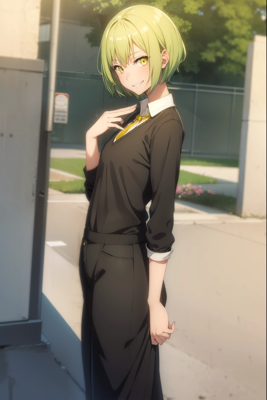 Cute girl, dark green hair, yellow eyes, Sexy smile, short hair, little girl