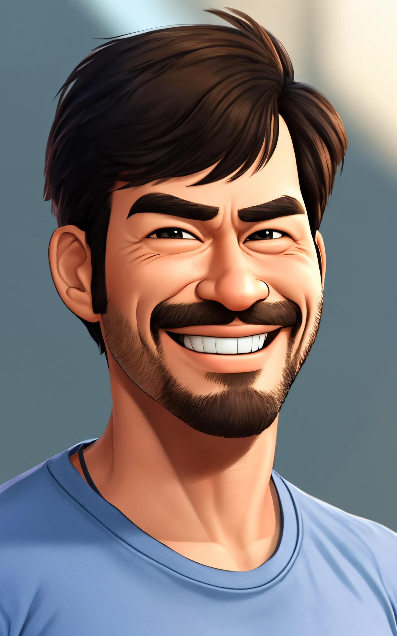 I would like to create an amazing caricature in Disney Pixar animation style 3D Render. Descreva a pessoa da seguinte forma: homem, 40 anos, cabelos e olhos castanhos, small, half-Asian eyes . Facial expression smiling and happy. White t-shirt clothing. Ademais, I will send a reference photo to ensure you capture the essence of the person. Por favor, create a caricature that brings the magic of Disney Pixar animation to life, with attention to detail and charming expressions.