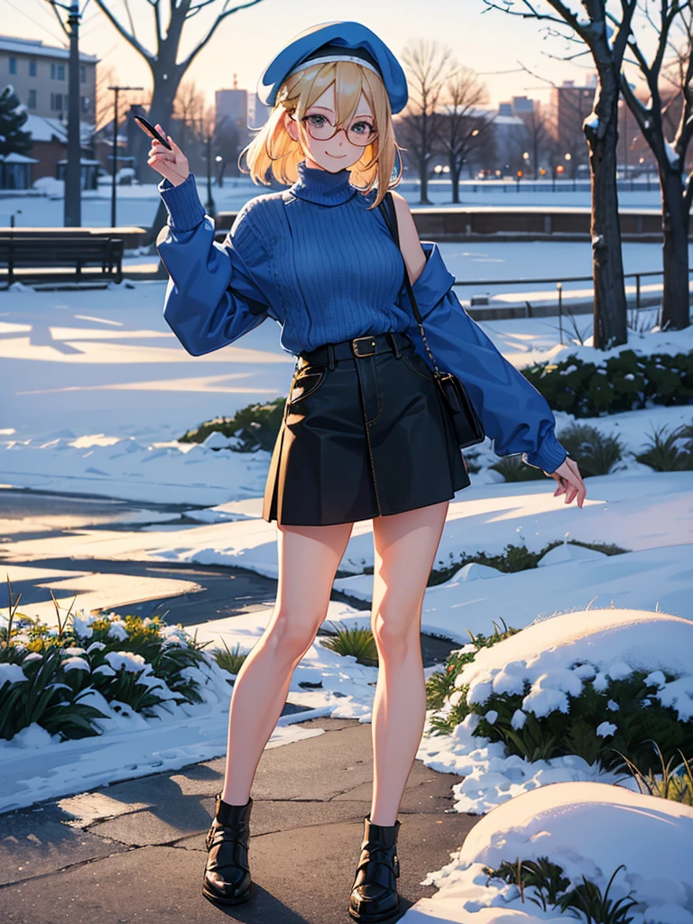 season in winter, at dusk, good weather in the park, side lake. a one beauty woman, blond bob hair, glasses, wears a blue beret on head, tops is fashionable blue sweater, bottoms is denim skirt, (sexy::1.2) smile.