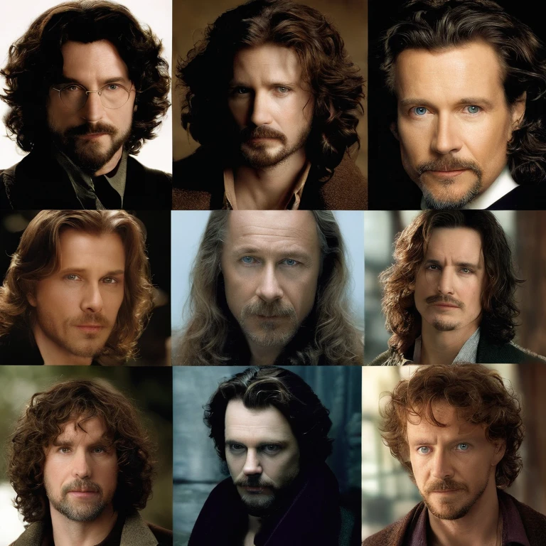 Sirius is tall with shaggy curly brown hair, with brown eyes and a goatee. Famously portrayed by Gary Oldman,Harry Potter and the Prisoner of Azkaban,Sirius is tall with shaggy curly brown hair, with brown eyes and a goatee. Famously portrayed by Gary Oldman,face,photo