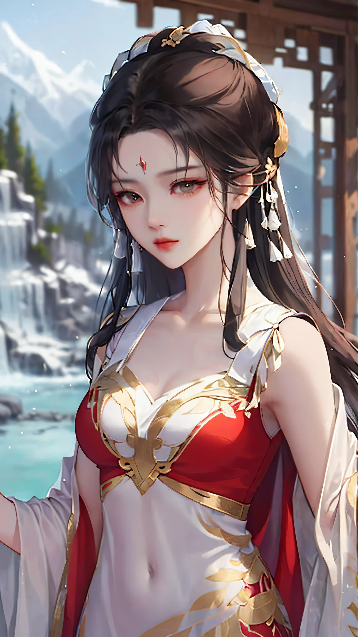 heroes'A masterpiece in the style of ancient Wei Zi,Close-up of a woman with black hair,Red dress,mistic,Antique rhyme,Exquisite epic character art,Presenting stunning aesthetics and antique atmosphere,The delicate brushstrokes and depth of field in the picture make you immersed in the scene,Fan Qiwu quasi-world can be regarded as the beauty of mountains and rivers,Liu Yifei,
