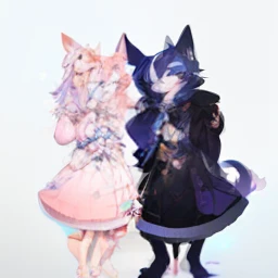 Anthro furry cat in a dress, oc commission, commission for high res, fullbody commission for, purple and blue split dye hair , commission art, detailed fanart, pink hoodie, sashley art style, commission, sashley, furry art!, pearlescent skin, fursona art