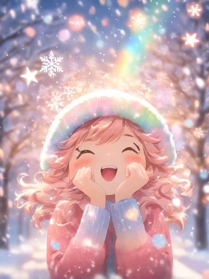 wearing a pink knitted hat，Looking up at the sky，Snowflakes and stars on pink and blue background, Ayako Rokkaku&#39;pastels, Tumbler, holography, light snowing, pastel faded effect, snowy background, light snowing, background is heavenly, Dancing snowflakes, Snowflower, Gentle background, Background pastels, Shining snow, Snowflower, bokeh rainbow accent, snowflakes falling, magical background