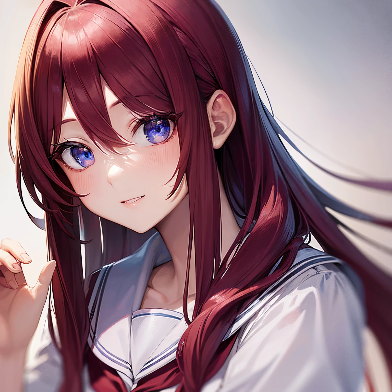 close up face, pretty girl, maroon hair, long hair, wearing a star tiara, blue eyes, anime, red tie, silver serafuku, silver shirt