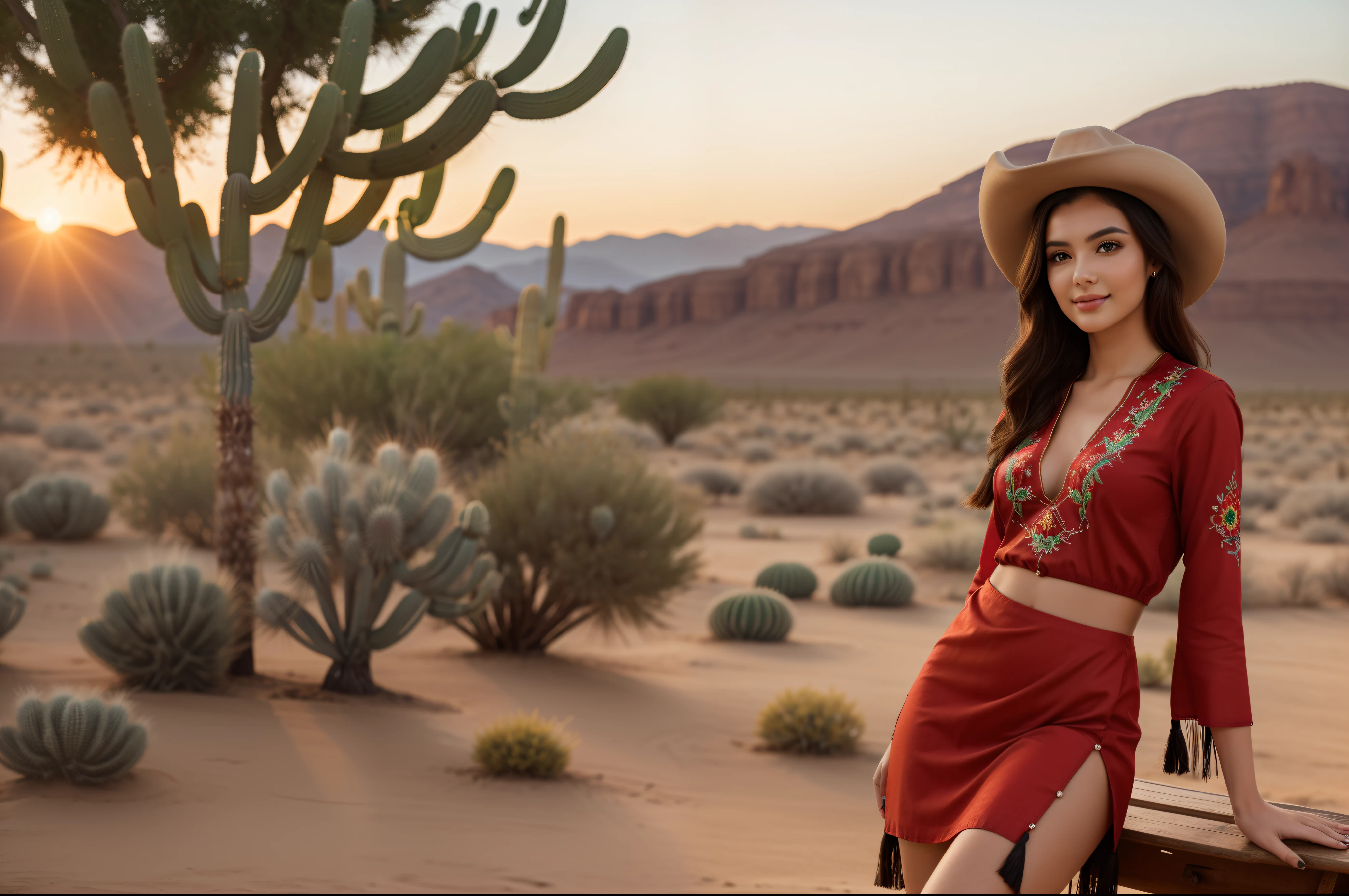 (best quality,4k,8k,highres,masterpiece:1.2), ultra-detailed, (realistic, photorealistic, photo-realistic:1.37), HDR, UHD, studio lighting, ultra-fine painting, ((full-body view:1.4)), (((1girl))),(((solo))),(((a girl alone))),(18years old),[the face is combination of (((irene1:1.2))) and (((Excella_er5:1.2)))],(sharp focus:1.5),beautiful detailed eyes,beautiful detailed lips,extremely detailed eyes and face,long eyelashes,gorgeous girl,feminine charm,pearl skin,(skin pores:1.1),extremely detailed face and skin texture,(skin texture:1.1),black hair,soft and smooth hair,tall and slender body,(192cm tall),thin and delicate figure,graceful posture,strong and defined muscles,flawless skin,defined abs,perfect curves,feminine appearance,beautiful long legs,embodying elegance and beauty,happy expression,full-smile,seductive eyes and sensual lips,large breasts,cleavage breasts,((wearing a (red:1.3) ethnic-style embroidered tunic with fringe:1.3)),(no panty:1.3),(ultra-short skirt:1.3),((see through dress:1.2)), physically-based rendering, extreme detail description, professional, vivid colors, bokeh, portraits, western, desert, cowboy hat, rustic atmosphere, dusty air, rugged landscape, wind-swept hair, warm sunlight, sunset hues, horse companion, leather boots, wooden wagon, cactus, cowgirl leaning against the wagon, confident stance, looking into the distance, vintage vibes, wind blowing her hair, solitary ambiance, serene beauty, golden hour, tranquility.