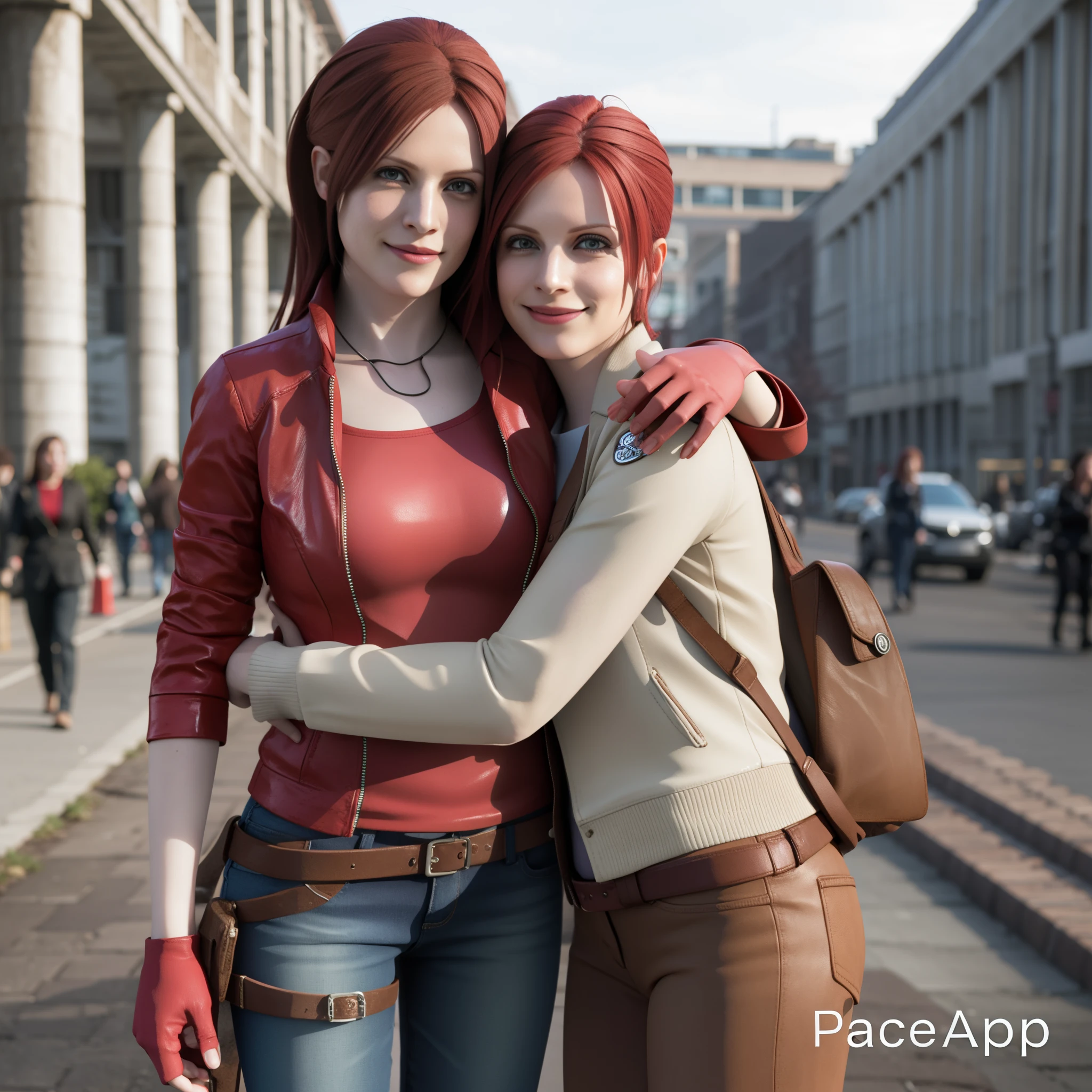 Claire redfield, Woman, wearing red jacket, red long hair, rednail polish, little smile, Happy expression