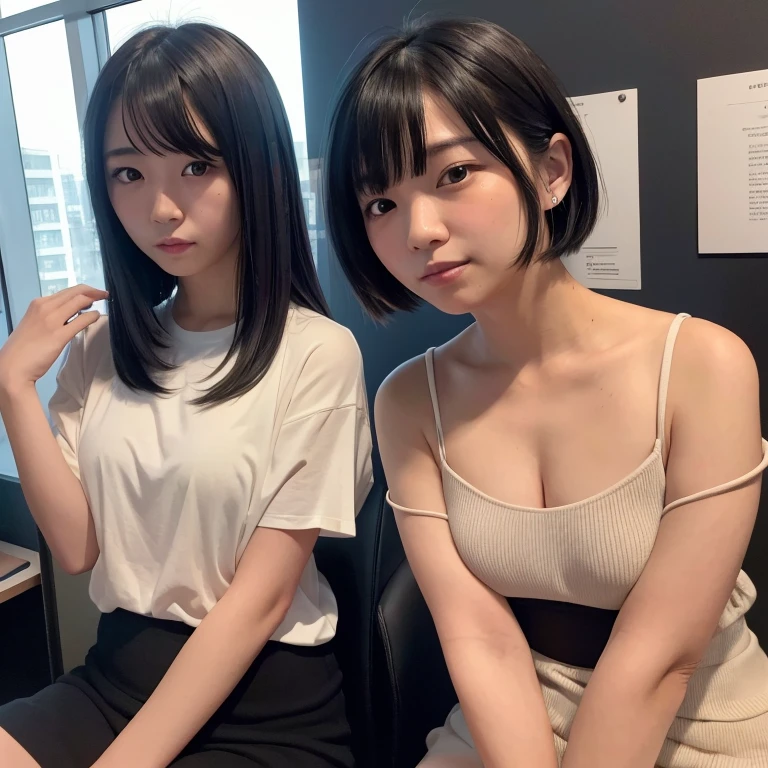 1girl in, 22year old, gradient, up looking_で_viewer, Black_hair, Solo by JM, Yoshiko Akishino, Shorthair, sisterhood, meeting room