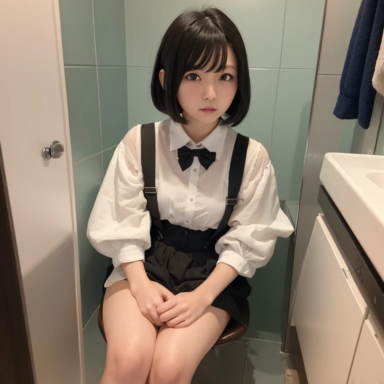 1girl in, 22year old, gradient, up looking_で_viewer, Black_hair, Solo by JM, Yoshiko Akishino, Shorthair, sisterhood, toilet room