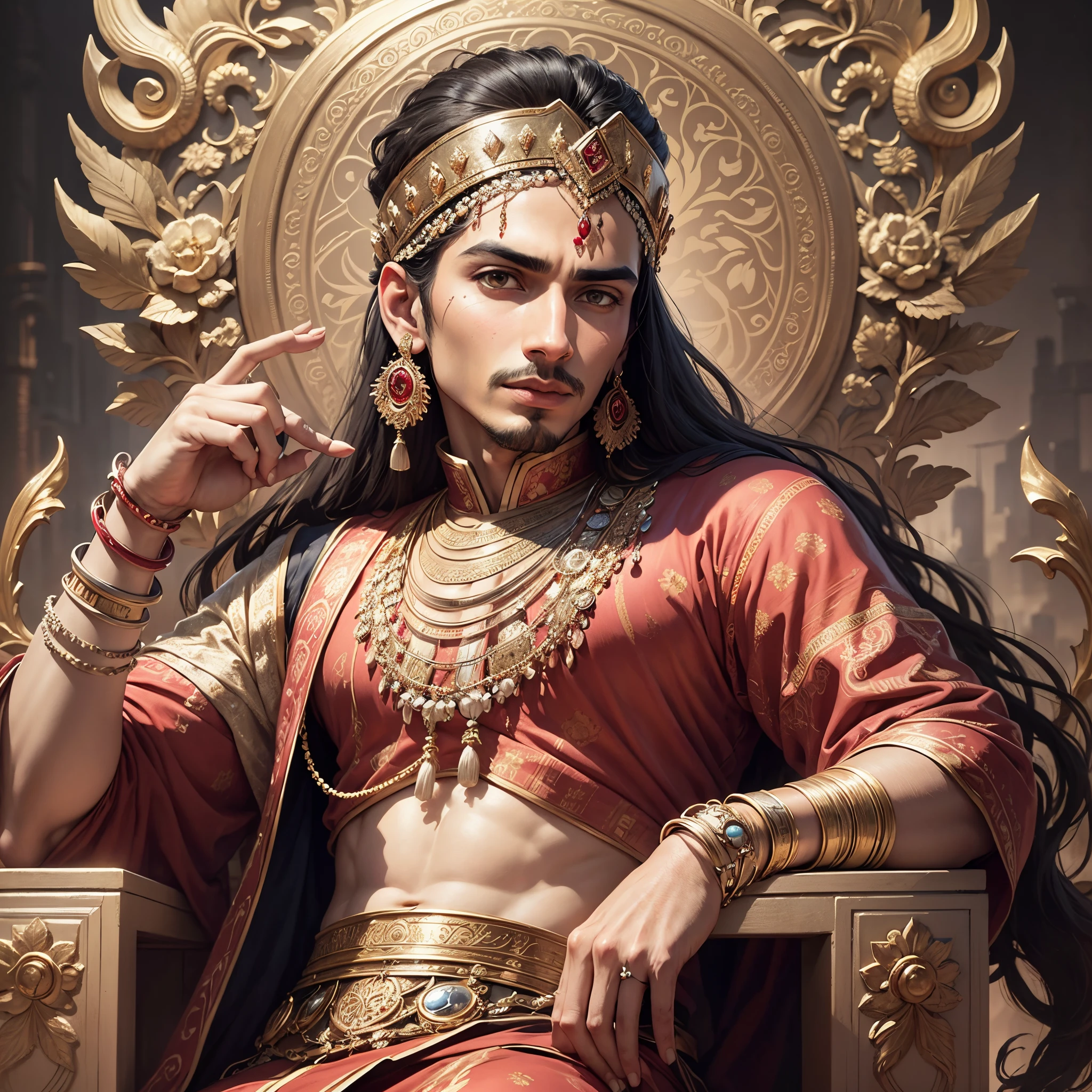 Akbar is a mature man with a regal bearing and piercing hazel eyes. He is wearing a traditional Mughal attire, adorned with intricate embroidery and precious gems. He is seated upon a magnificent throne, symbolizing his power and authority. The background depicts a bustling cityscape, reflecting the grandeur of his empire. The overall tone of the painting should exude an aura of wisdom, strength, and benevolence. --auto --s2