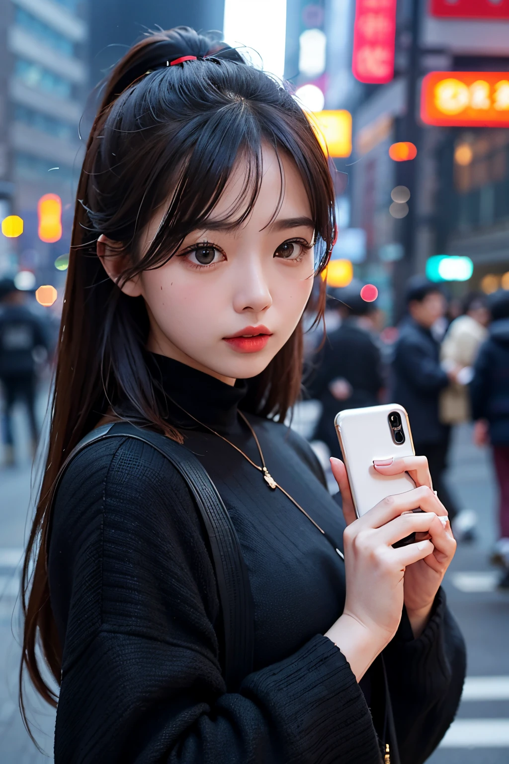 1girl、Shanghai Streets、natta、A city scape、city light、The upper part of the body、a closeup、8k、RAW Photography、top-quality、masterpiece、realisitic、Photorealsitic、Holding a smartphone in one hand、