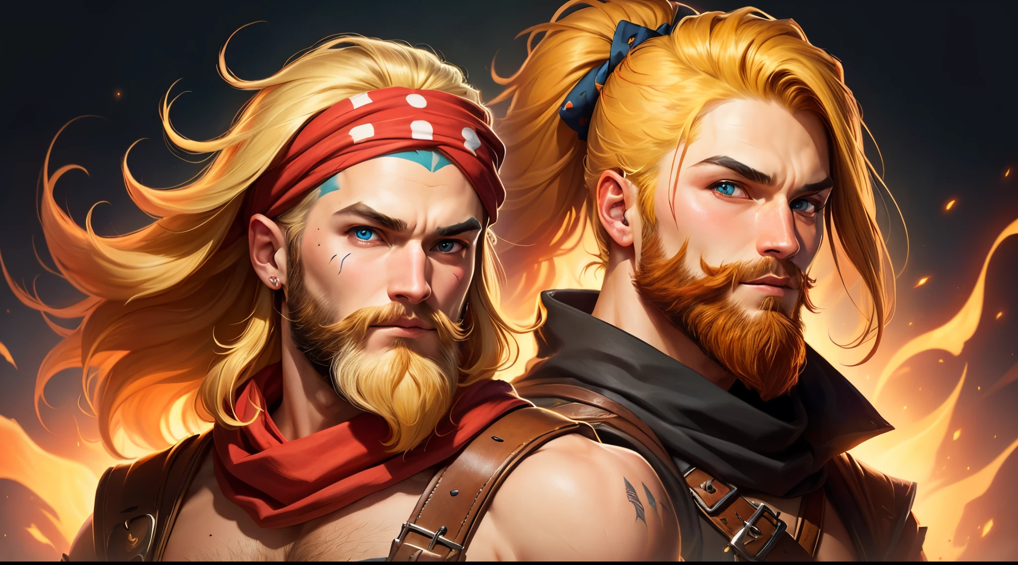 Create a Dota 2 red axi with 90s rocker blonde hair with a red bandana on your forehead or a black dot and a big, bushy beard