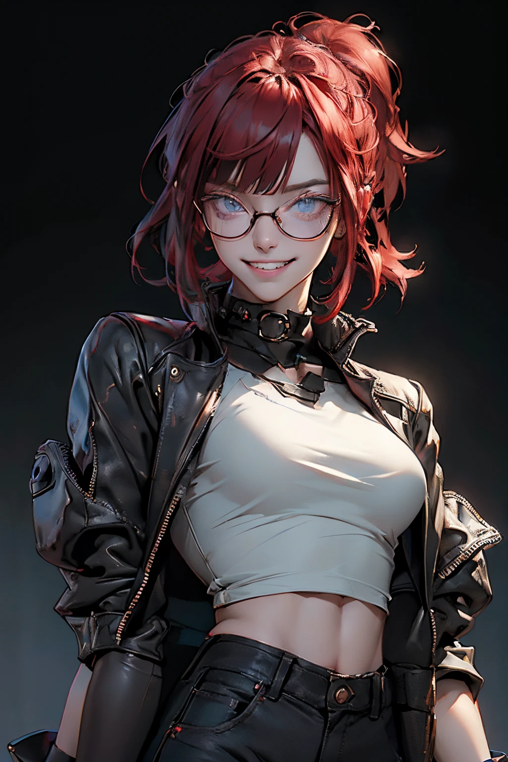 1nerdy girl with glasses, 30yo, blunt bangs hairstyle, (fringe cut bangs hairstyle), (The forehead is hidden by bangs), (((red hair))), ((boyish)), (((low pony tail))), (asymmetrical messy hair), (((black-rimmed round glasses))), (((beautifully detailed face))), (((perfect face))), long eyelashes, (((Beautiful detailed eyes))), (((perfect eyes))), sharp eyes, ((Blue eyes)), (gothic makeup with so many eyelashes and jet black eyeshadow), (((sadistic grinning smile with clenched teeth))), (((bronze skin))), ((open stand neck coat), (khaki loose t-shirt)), street fashion, sport pants, black leather gloves, (Solo), (Suggestive Pose), (hand on hip), Full Body Image, perfect anatomy, slender, small bust, abs, (thin waist), ((crazy smile:0.5), teeth fangs), (dark skin:1.3), confident expression, (Narrowed Eyes:0.5),(((black thick rimmed glasses))), (high detailed skin), ((top-quality)), ((High Definition)), ((beautiful detailed)), high quality shadow, mostly cloudy sky, ((official art)), octane render, two-tone lighting, Cyberpunk city street background, White balance, Long Exposure, Depth of Field, anatomically correct, (((Best Quality))), (((masterpiece))), (((Super Detail))), (((UHD)))