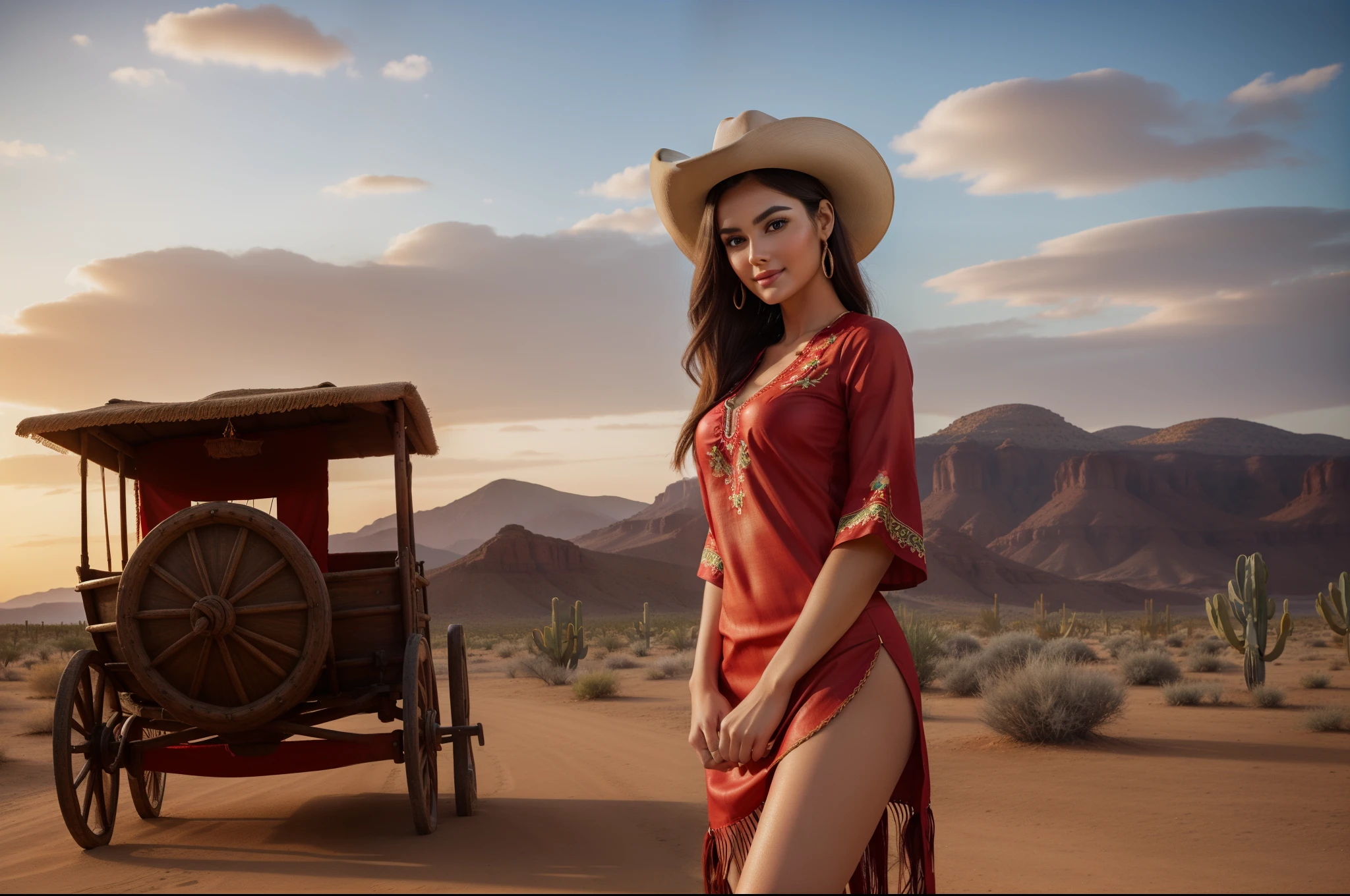 (best quality,4k,8k,highres,masterpiece:1.2), ultra-detailed, (realistic, photorealistic, photo-realistic:1.37), HDR, UHD, studio lighting, ultra-fine painting, ((full-body view:1.4)), (((1girl))),(((solo))),(((a girl alone))),(18years old),[the face is combination of (((irene1:1.2))) and (((Excella_er5:1.2)))],(sharp focus:1.5),beautiful detailed eyes,beautiful detailed lips,extremely detailed eyes and face,long eyelashes,gorgeous girl,feminine charm,pearl skin,(skin pores:1.1),extremely detailed face and skin texture,(skin texture:1.1),black hair,soft and smooth hair,tall and slender body,(192cm tall),thin and delicate figure,graceful posture,strong and defined muscles,flawless skin,defined abs,perfect curves,feminine appearance,beautiful long legs,embodying elegance and beauty,happy expression,full-smile,seductive eyes and sensual lips,large breasts,cleavage breasts,((wearing a (red:1.3) ethnic-style embroidered tunic with fringe:1.3)),(no panty:1.3),(ultra-short skirt:1.3),((see through dress:1.2)), physically-based rendering, extreme detail description, professional, vivid colors, bokeh, portraits, western, desert, cowboy hat, rustic atmosphere, dusty air, rugged landscape, wind-swept hair, warm sunlight, sunset hues, horse companion, leather boots, wooden wagon, cactus, cowgirl leaning against the wagon, confident stance, looking into the distance, vintage vibes, wind blowing her hair, solitary ambiance, serene beauty, golden hour, tranquility.