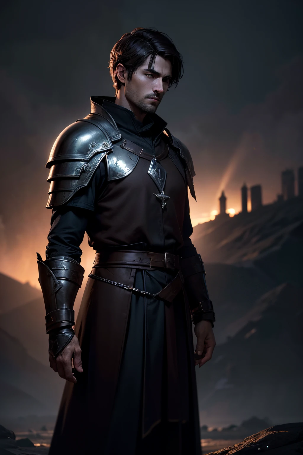 (extremely detailed 8k wallpaper), (dark theme), Dragon Age, 30 years old man, solo, (mage robes), short hair, brown hair, white skin, human, (subsurface dispersion:1.1), plain medieval armor, centered face, award-winning photography, dramatic lighting, (military camp at night)