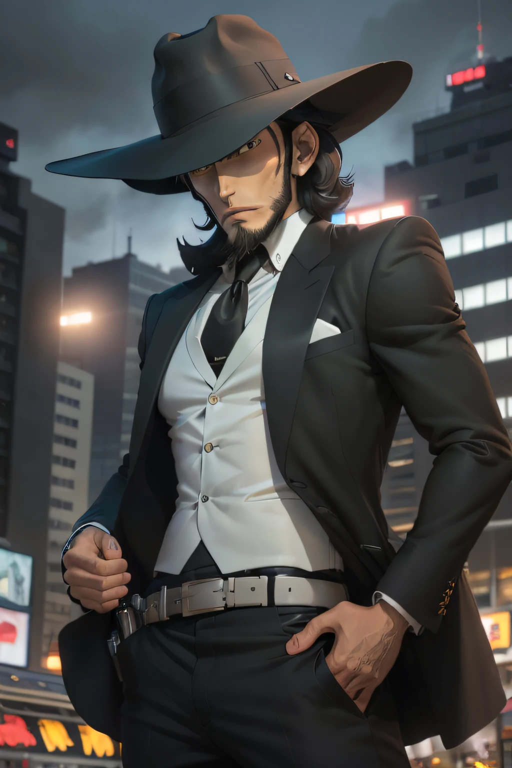 jigen ,  (best quality, masterpiece, RAW photo,ultra-detailed:1.2), 1BOY,solo,looking at viewer, balck hair, 
hat, formal, hide eyes,  city, night, holding pistol, from below,