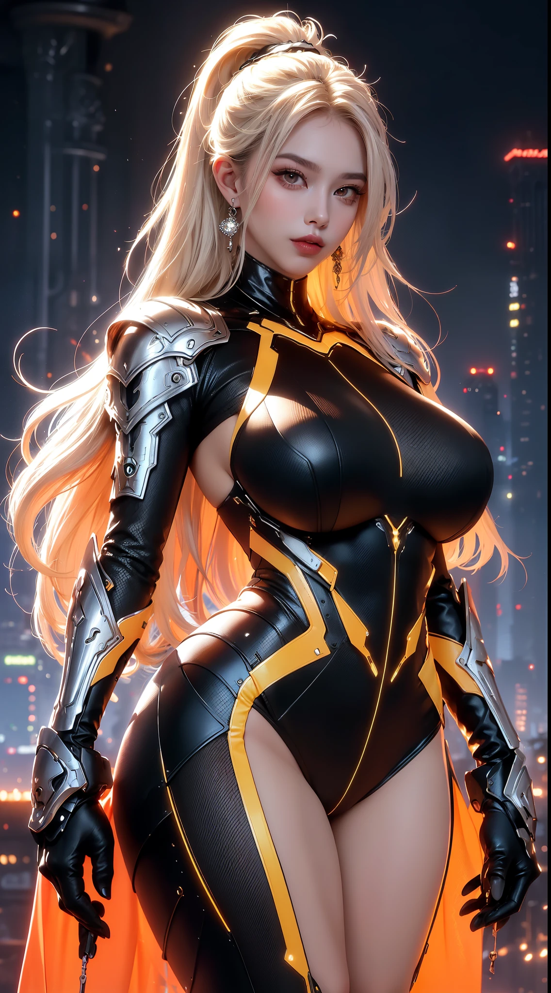 (masterpiece), best quality, expressive eyes, perfect face, beautiful details face, beautiful round eyes, full body, A beautiful mature woman in cyber armour suit shows her Extremely busty and attractive breasts, (arrogant face), (platinum orange hair), (high ponytail, expressive hair, shiny hair, glowing hair, multicolored hair, gradient hair, colored inner hair, straight hair, medium long hair), fair skin, (beautiful detailed full bodysuit:1.3), (full body cyber armour), glowing and shining armour, silver and orange cyber armour, (Edge lights:1.3), (silver and orange colour scheme:1.3), neon light on armor, beautiful details eyes, (orange eyes:1.3), (glowing eyes:1.2), (Gigantic saggy breasts:1.5), tight breasts, thick body, (well accentuated curves), pink lips, (silver nails), mascara, Long eyelashes, eyeliners, (Extremely wide well defined hips:1.3), (beautiful massive thick thighs:1.3), slender figure, (Extremely detailed skin texture:1.2), beautiful detailed realistic muscle definition, golden lights that shimmer, high detailed eyes, ultra-high quality model, proportionate, intense colouration fantasy, (background fantasy floating cyber city), orange and gold tetradic colours, random poses, earrings, (1girl), solo, shine