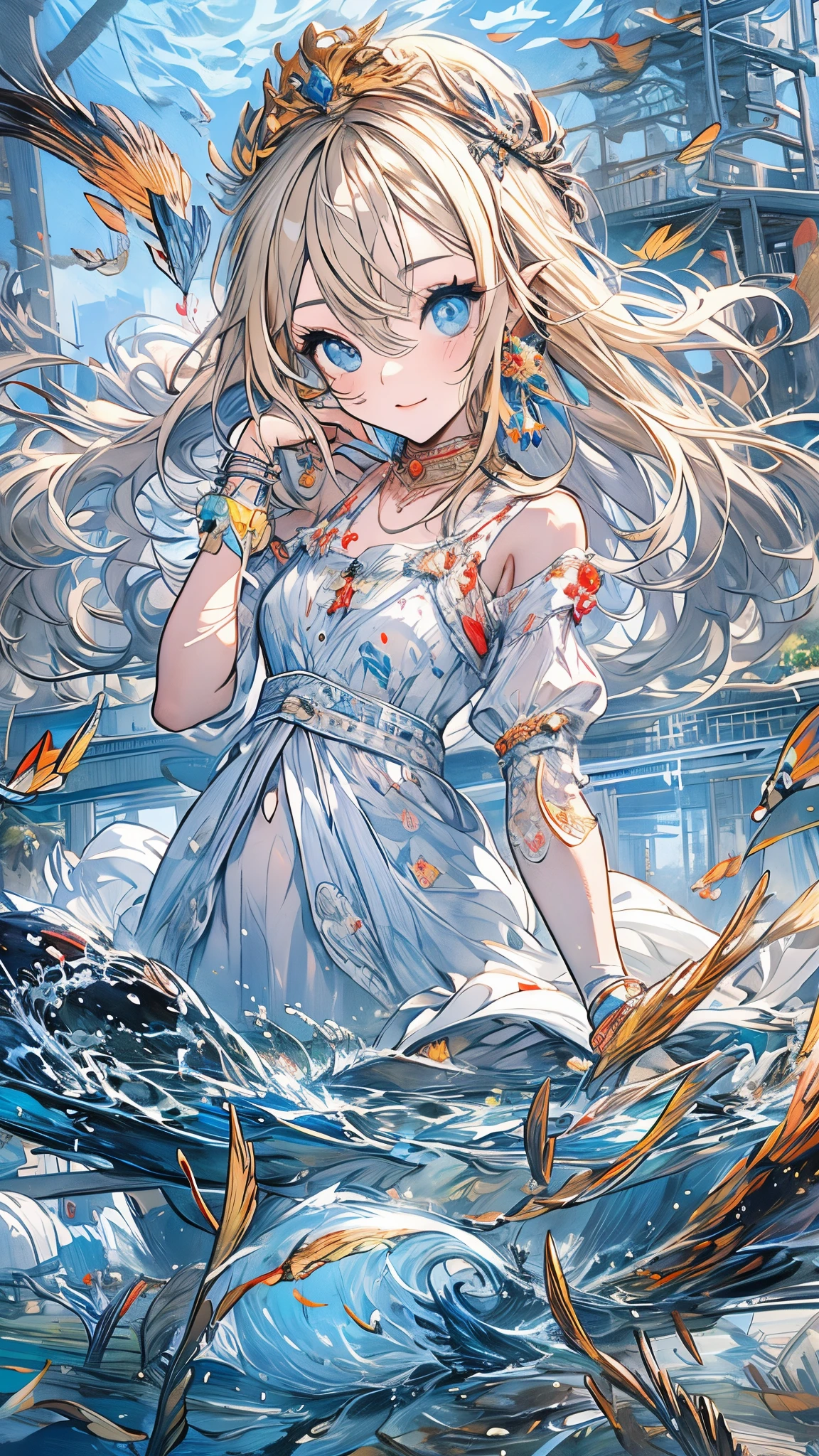 (highres,best quality,masterpiece:1.2),ultra-detailed,realistic:1.37,portraits,impressionism,underwater,irises,air bubbles,1 flat-chested girl,fish,long hair,flooding,solo,water,princess,blonde hair blue eyes,short sleeves,blue eyes,fairies,the Legend of Zelda,jewelry,8K,CG,detailed hand,kingdom city background,ancient machinery,crown,lighting effects
