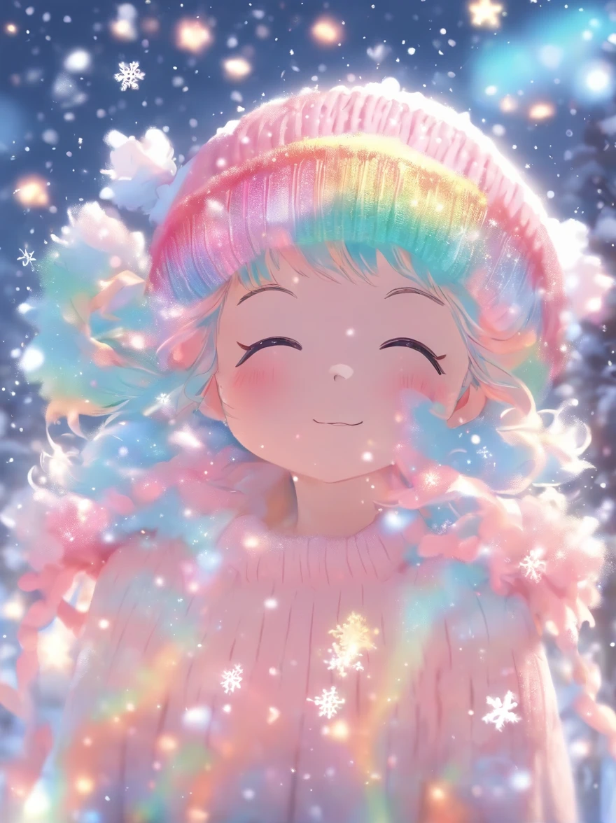 wearing a pink knitted hat,Looking up at the sky,Snowflakes and stars on pink and blue background, Ayako Rokkaku'pastels, Tumbler, holography, light snowing, pastel faded effect, snowy background, light snowing, background is heavenly, Dancing snowflakes, Snowflower, Gentle background, Background pastels, Shining snow, Snowflower, bokeh rainbow accent, snowflakes falling, magical background