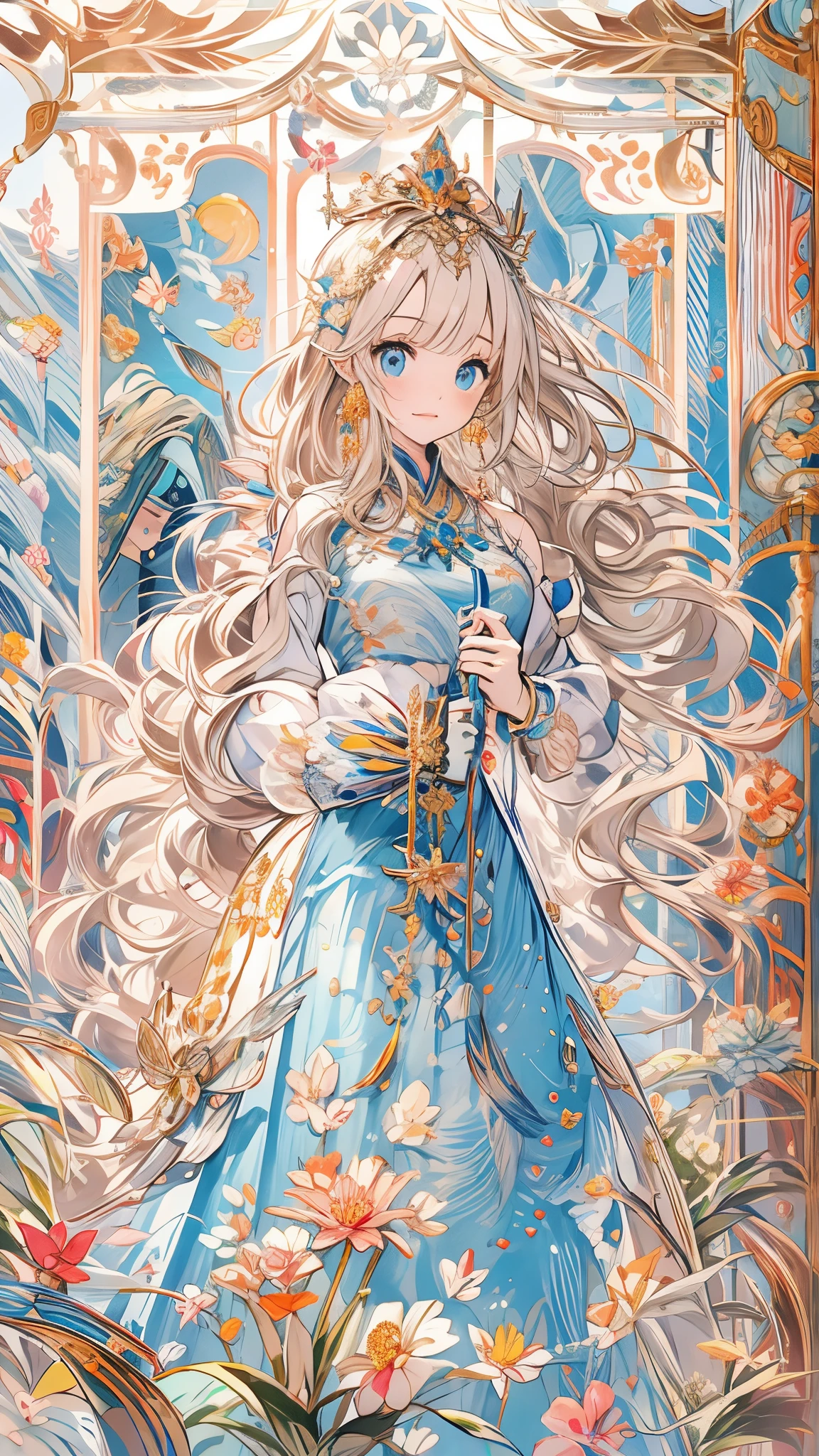 Bubl，music sheets：safety，iris compiet_airbubble，Under water，1 flat-chested girl，The fish，long_the hair，submerge，独奏，Eau，A princess，blond hair blue eyes，short_the sleeve，（Impresionismo：1.4），blue color eyes，little fairys，zelda，jewely，8K，CG，Hand detail，dynasty city background，Ancient machinery，A princess，tiara crown，Kingdom or something