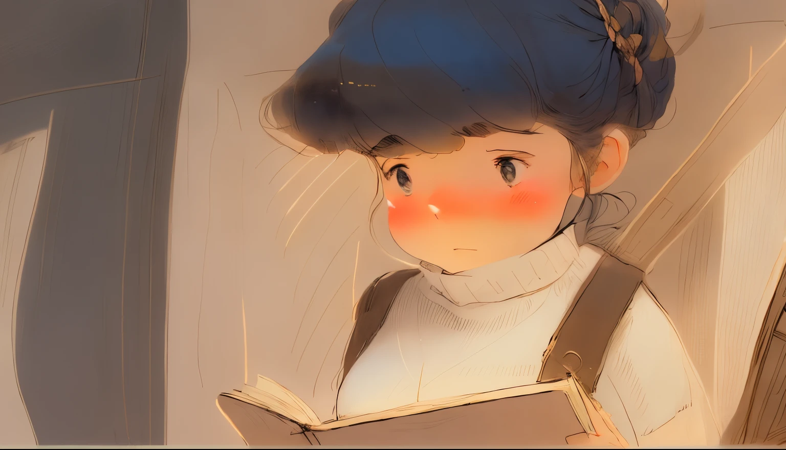 Cartoon of a girl with a book in her hands, with a sad expression, Trying to read, she has a distant expression, zumidraws, & Her expression is solemn, concerned expression, deep in thought, Inspired by Kate Beaton, madeline from celeste, Heavy vignette!, Reading a book, looks sad and solemn, As a manga panel,White sweater