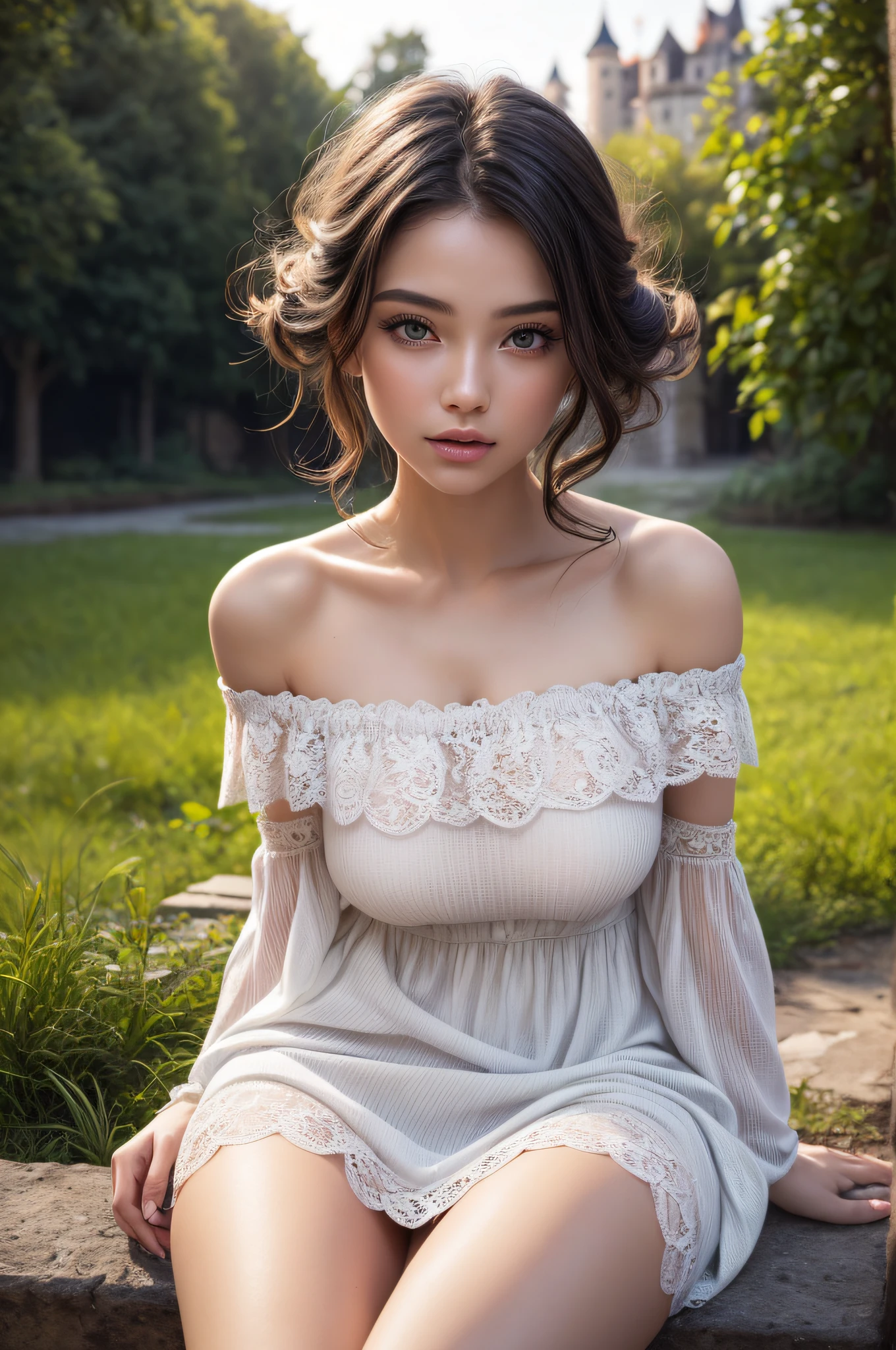 (Best Quality:1.4), (hyper quality), (Ultra-detailed), 1 beautiful girl, Extremely cute, Amazing face and eyes, (beautiful lace gorgeous off shoulder dress:1.5), (beautiful breasts:1.1), (slender body:1.1), Authentic skin texture, bright and shiny lips, Beautiful Goddess Advent, (sitting, legs spread, pubick hair, cameltoe details:1.2), Beautiful background, Golden ratio, conceptual art, Super Detail, ccurate, high details, Anatomically correct, Outdoors, Beautiful jungle, (Giant Castle:1.5), cutting edge, Sexy Art, Open your legs, Surrounded by beautiful sunsets, dazzling lights, Super delicate illustration details, Highly detailed CG integrated 8k wallpapers, RAW Photos, professional photograpy, Cinematic lighting, Super gorgeous illustrations, depth, depth of field, (View from below)