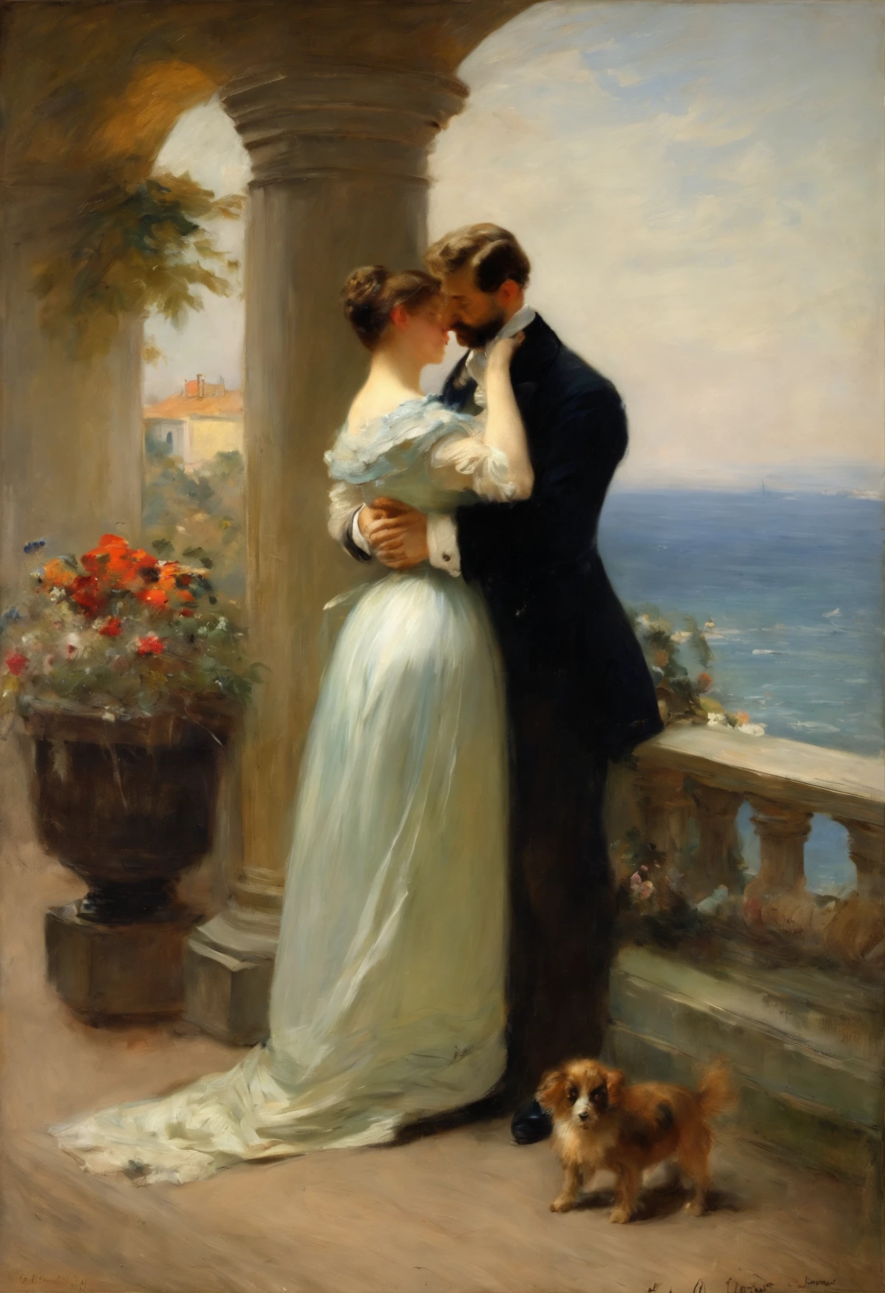 An elegant gentleman and a young, beguilingly beautiful Victorian lady with a small dog on a lead stroll along an elegant boulevard with a view of the sea Painting by Adolphe Menzel, masterpiece