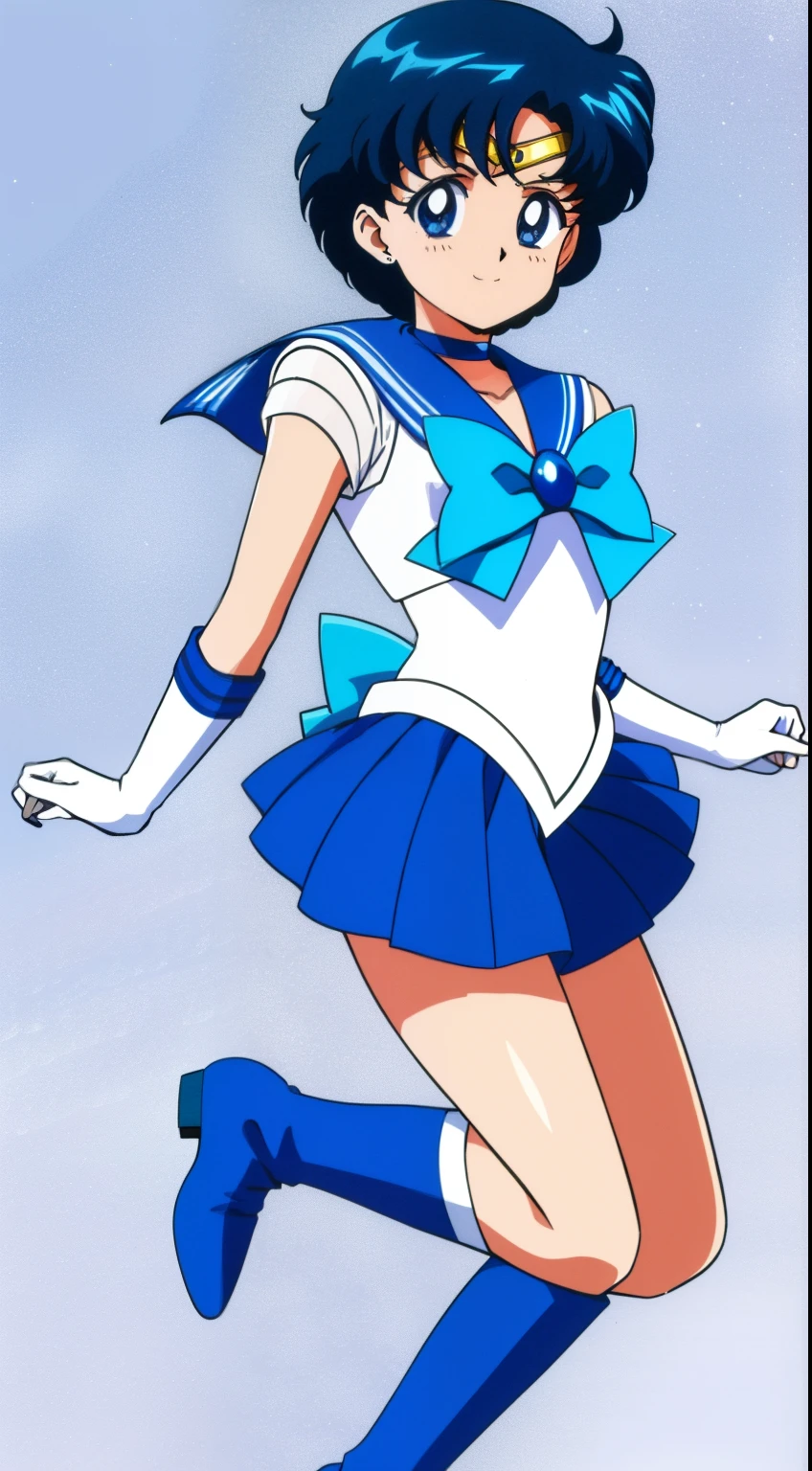 Top Quality Anime Art、masterpiece、high definition anime art、anime style 4 k、Sailor Senshi Uniform、Anime Boy、Handsome boy、 boys、Ami Mizuno、gender change、Sailor Mercury、gender change(Girls to boys)、rating:safe、solo、Blue sailor collar、Sky blue bow tie、Magical Boy、Blue choker、Very short blue-haired boy、jewelry、skirt、耳Nipple Ring、white glove、elbowgloves、bow、Blue knee boots、Blue Heeled Boots、a blue skirt、circlet、Blue-eyed boy、back_bow、White leotard、highleg leotard、robe blanche、Boy with very short black hair、blue_bow、sky blue_bow、white_bow、Boy standing、smile、a miniskirt、pleatedskirt、Muscular men、photo、Bare shoulders、bare legs、Retro Anime Boys、an retro anime image、cel shaded anime、Hymns to the King as a Prince、full-body close-up shot、Anime、Soft lighting、(1990's\(styles\):0.9)、