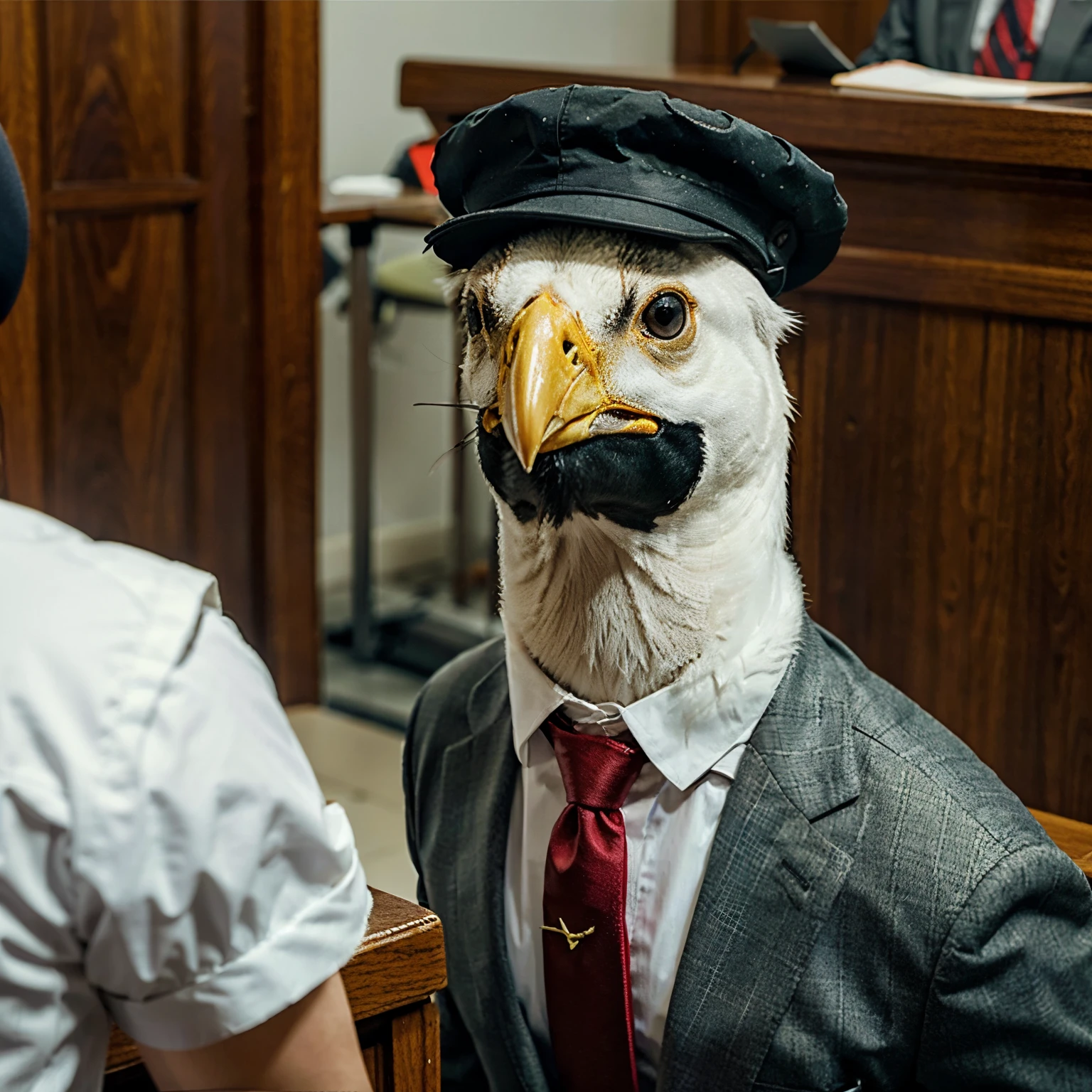 A white bird, the bird is wearing suit , in a courtroom, is a lawyer , wearing a hat , high quality , high detail,8k