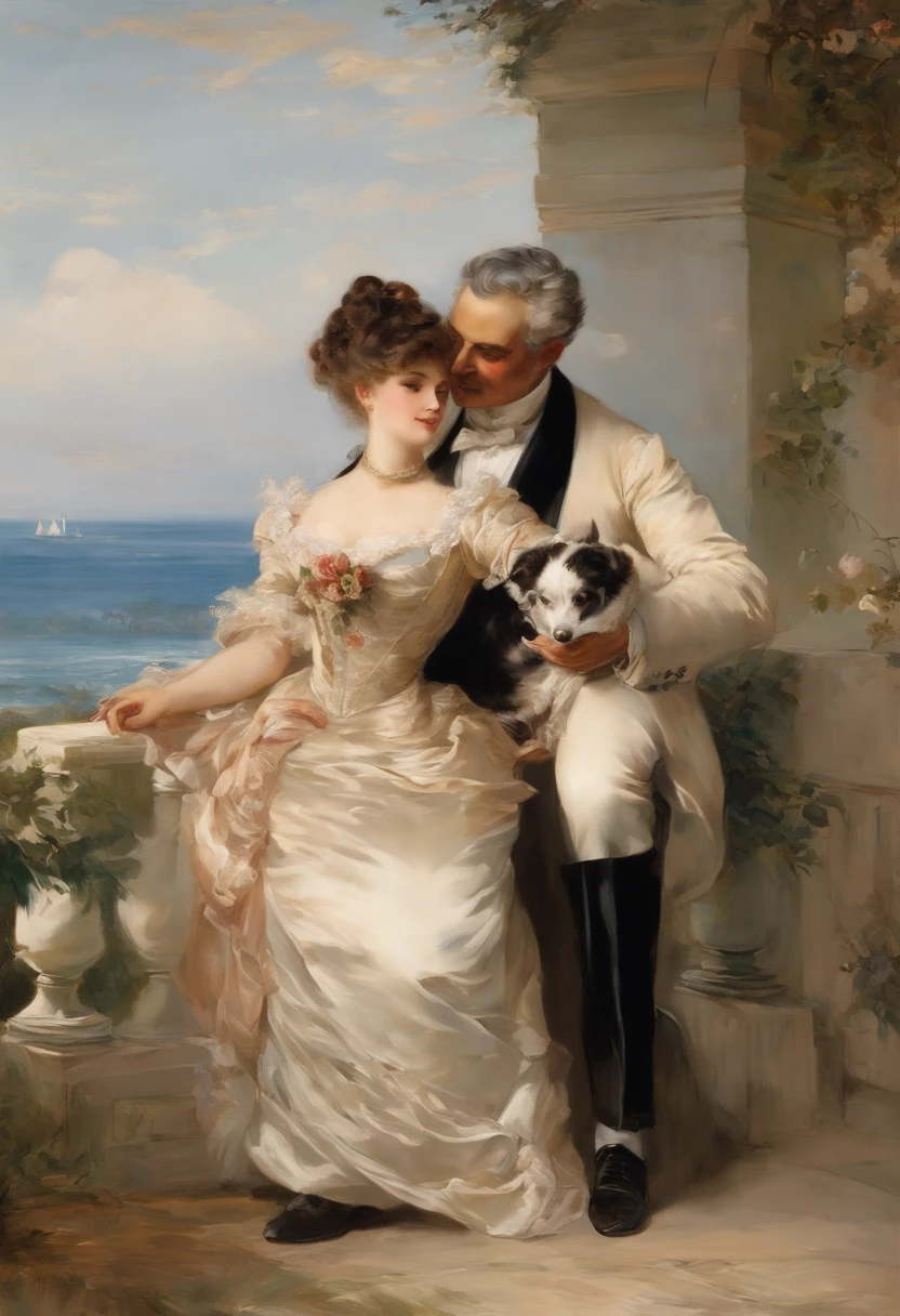 An elegant gentleman and a young, beguilingly beautiful Victorian lady with a small dog on a lead stroll along an elegant boulevard with a view of the sea Painting by Adolphe Menzel, masterpiece