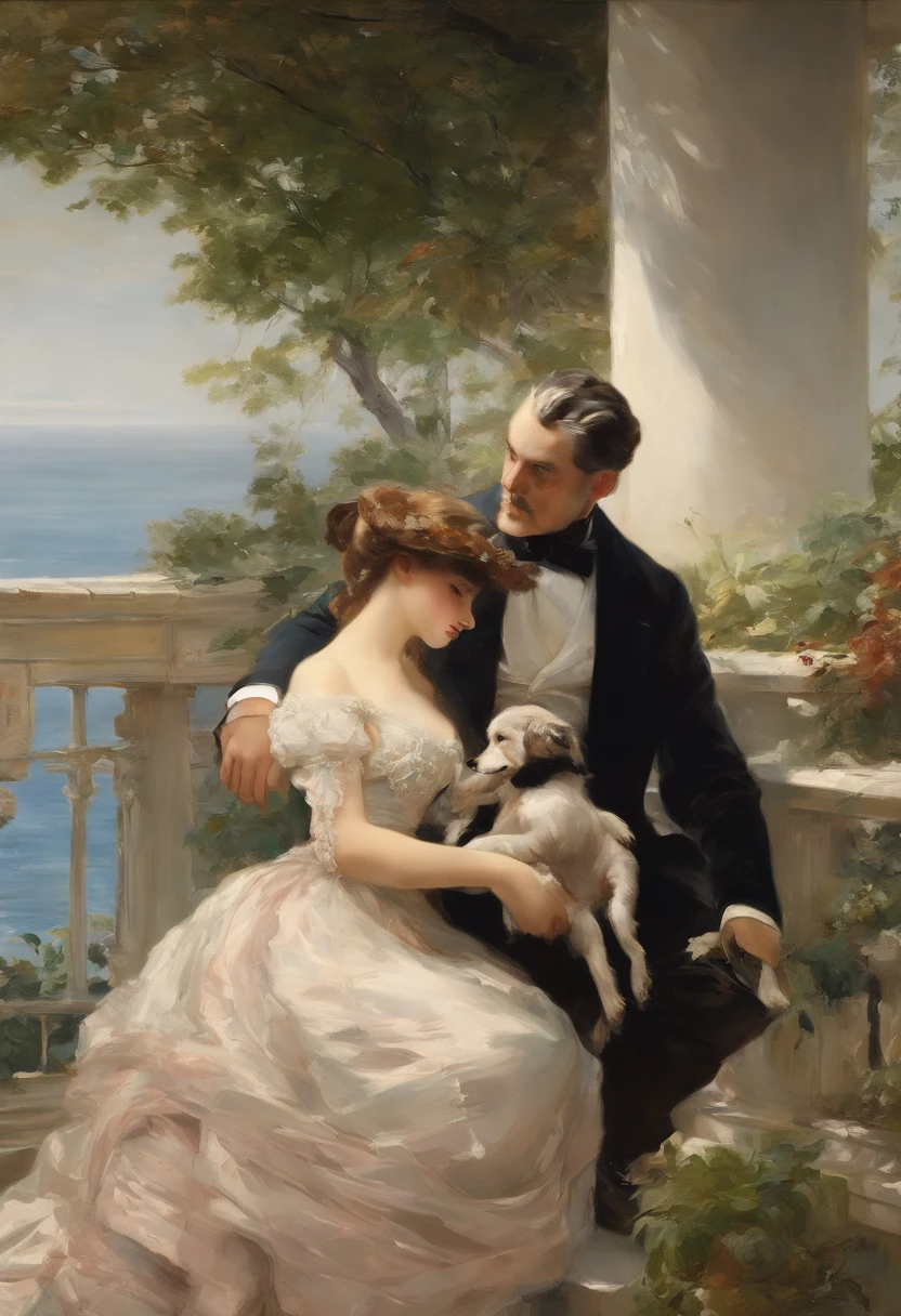 An elegant gentleman and a young, beguilingly beautiful Victorian lady with a small dog on a lead stroll along an elegant boulevard with a view of the sea Painting by Adolphe Menzel, masterpiece