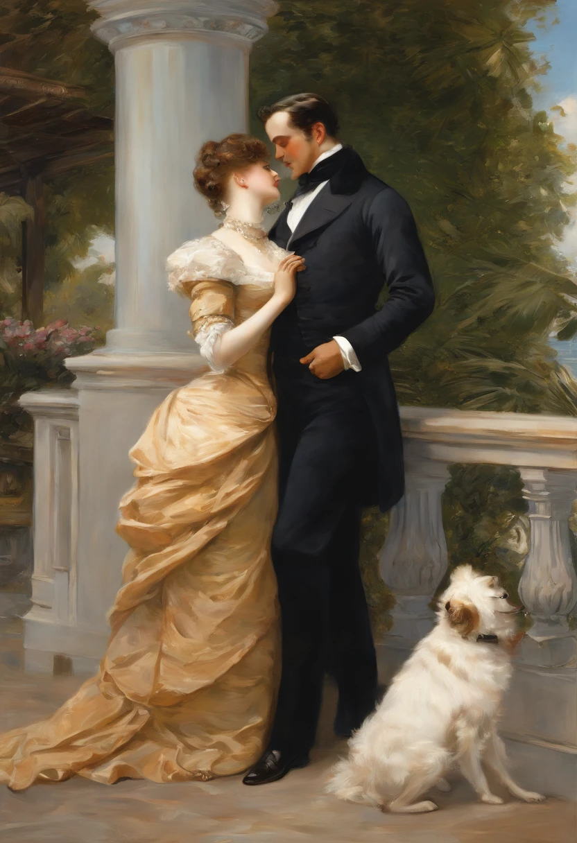 An elegant gentleman and a young, beguilingly beautiful Victorian lady with a small dog on a lead stroll along an elegant boulevard with a view of the sea Painting by Adolphe Menzel, masterpiece