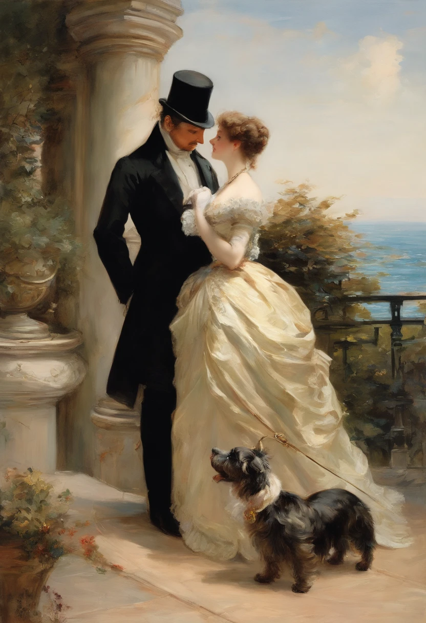 An elegant gentleman and a young, beguilingly beautiful Victorian lady with a small dog on a lead stroll along an elegant boulevard with a view of the sea Painting by Adolphe Menzel, masterpiece
