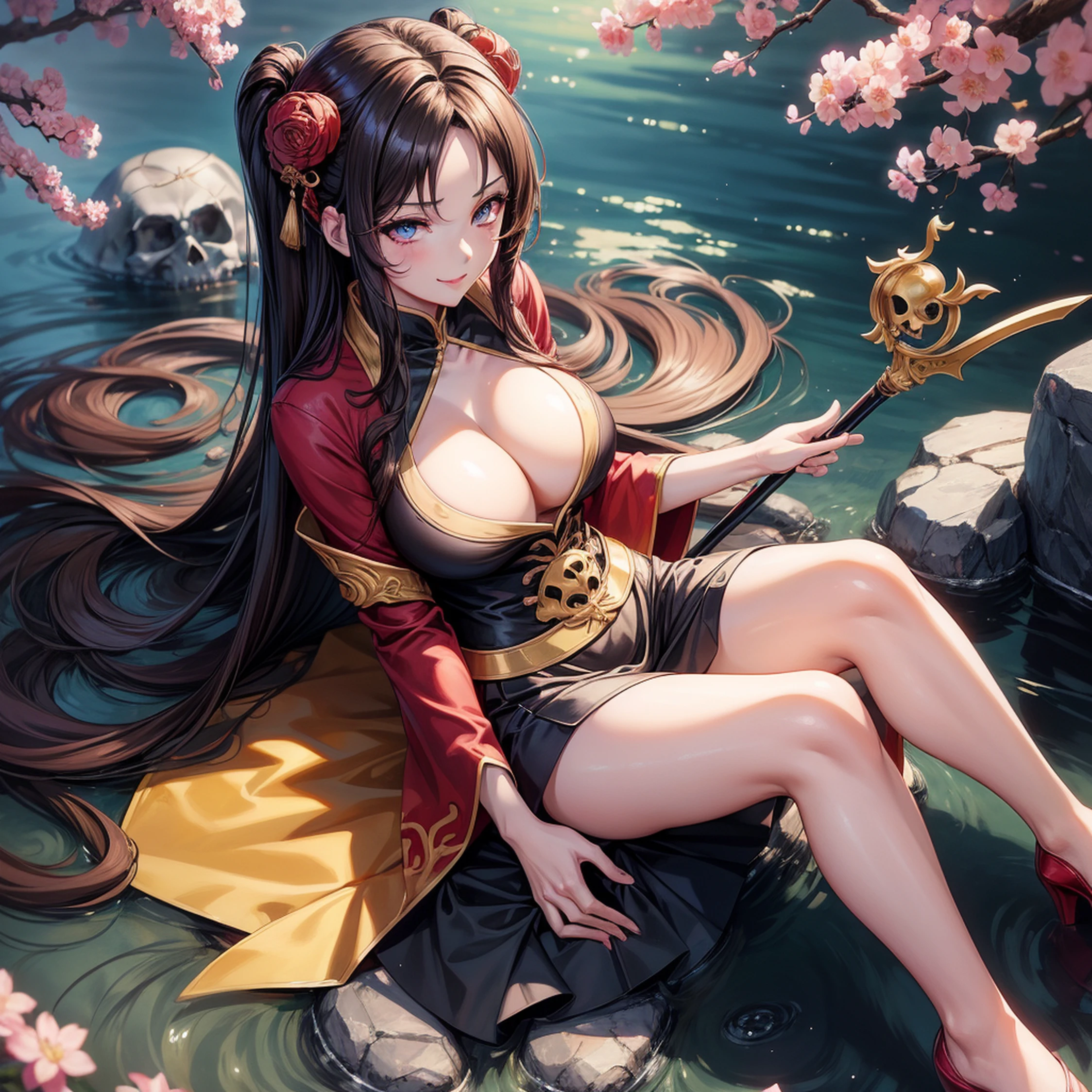 oppai, small curvy , Chic, Big breasts!!, Ecchi anime style, cel - shaded art style, tsunade from naruto, cell shaded adult animation, Big breasts!, inspired by INO, Seductive Anime Girl, cellshading!!!, oc commission, Painting of a beautiful Chinese woman wearing a pink halter neck dress and standing in a cherry blossom field, long wavy brown hair, Wearing sunglasses, Tall and thin, subtle smile, MM Barco Mum Rio, by Yang J, 4K Detail Painting, Inspiring Raphael Lacoste, Matte Digital Paint 4K HD, chinse landscape, inspired by Fenghua Zhong, Detailed scenery - width 672, inspired by Andreas Rocha, Authors:Xu Song, (((anime-style art))), (((High resolution))), masutepiece, ((female necromancer)), (In her (30s)). busty figure, Beautiful eyes, Beautiful face, length hair, ((black and red evil robe, staff with skull, Wrapped in red mist)), (((Three-quarter shot))), 40 years、beauty legs、high-heels、、Licking gaze、masutepiece,Best Quality,8K,Original,Official art,Photorealistic,Raw photo,Photoless,.1girl in, cute girl is sitting。, tight skirts、Blouse、chest visible through blouse