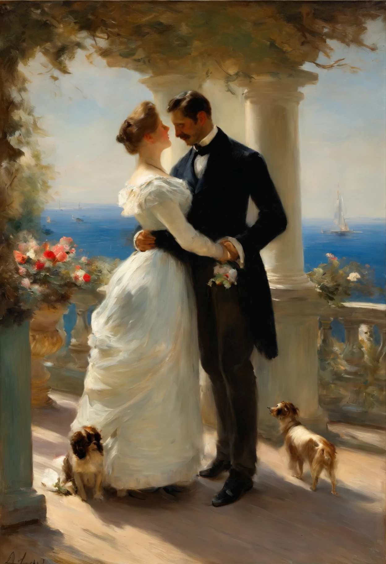 An elegant gentleman and a young, beguilingly beautiful Victorian lady with a small dog on a lead stroll along an elegant boulevard with a view of the sea Painting by Adolphe Menzel, masterpiece
