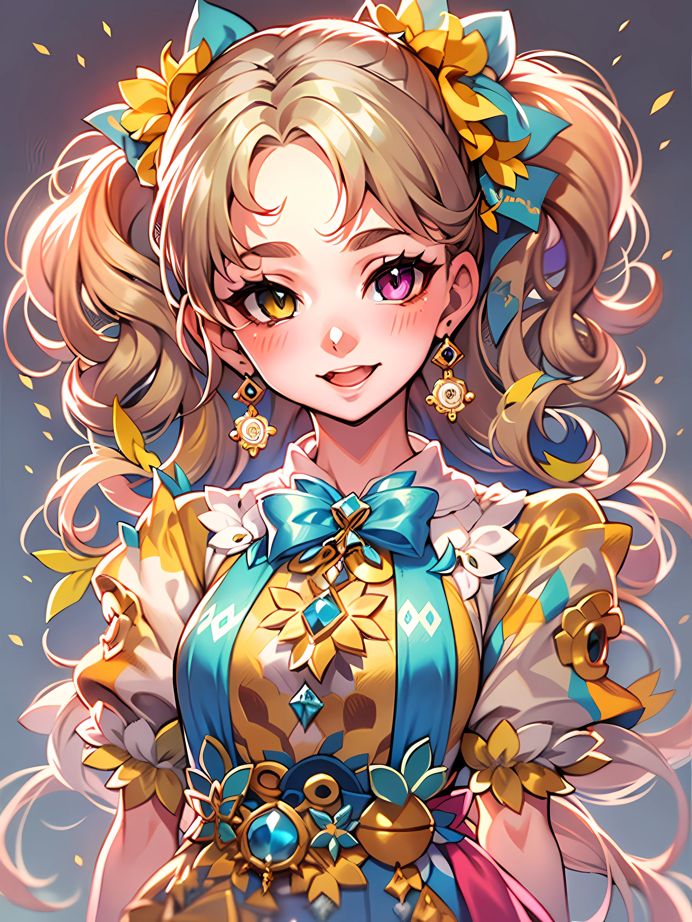 This professional illustration portrays a charming young girl with a pretty face and a delicate, childlike appearance. She has a big head with big, expressive eyes that captivate the viewer. Her hair is beautifully styled, featuring buns, braids, and ponytails adorned with colorful ribbons and accessories, creating a playful and cute look. The girl is wearing an exquisitely detailed, fluffy dress in vibrant colors, with intricate patterns and frills. The outfit is both kawaii and cute, emphasizing her youthful innocence. The dress is complemented by detailed accessories such as a matching hairpin, a necklace with a charm in the shape of her favorite animal, and colorful bracelets on her wrists. The artwork is created with the utmost attention to detail and best quality, ensuring every element is beautifully rendered. The resolution is ultra HD, with the choice of 4K or 8K, allowing for stunning clarity and crispness. The viewer can appreciate the intricate details, from the texture of the fabric to the subtle shading on the girl’s face. The girl’s face is characterized by a bright, genuine smile that radiates happiness and warmth. Her eyes possess heterochromia, adding an element of uniqueness to her appearance.