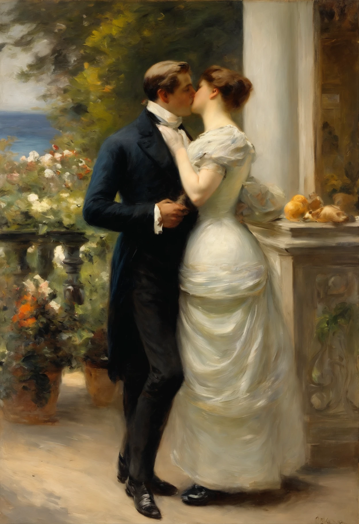 An elegant gentleman and a young, beguilingly beautiful Victorian lady with a small dog on a lead stroll along an elegant boulevard with a view of the sea Painting by Adolphe Menzel, masterpiece