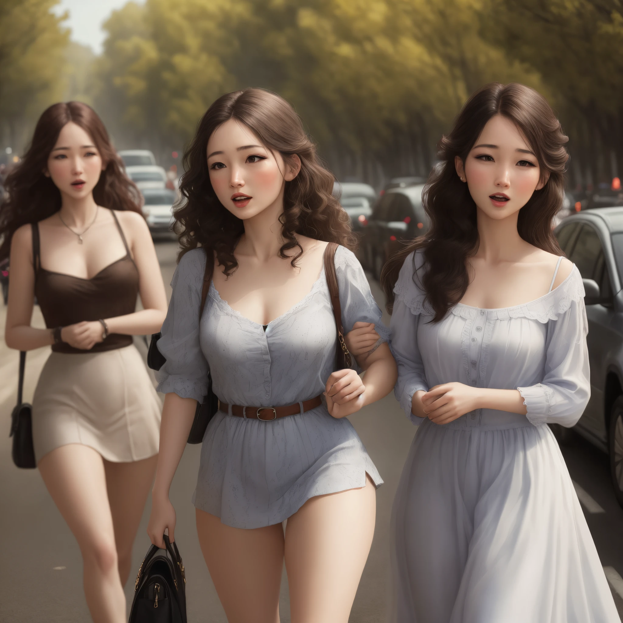 superflat, flat shadig, flat colors, masterpiece, best quality, 3girls, , , from behind, bottom, white panties, (skimpy short skirt:1.3), walk the school corridor, sunlight, warm, best shadows, watercolor, (topless:1.3), (portrait shot:1.2)