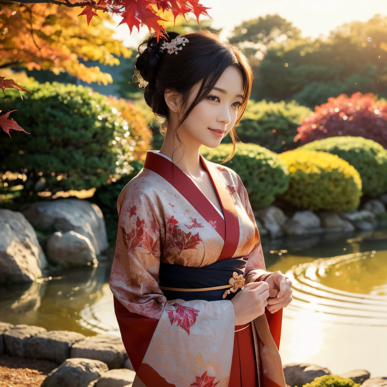 ((top-quality、masutepiece、8K、Top image quality、super-fine))、((1 beauty、A beautiful woman stands gracefully、Photo from the waist of a woman))、very elegant appearance、very luxurious kimono、classy chignon、Perfect makeup、A beautiful hairpin on your head、The background is a Japanese garden in the evening...、((spectacular movie lighting、early evening、Evening glow、Huge sunset、Spectacular sunset、Sparkling sunset、Japan garden illuminated by the setting sun、Spectacular sunset、Autumn foliage、Bright red autumn leaves))、Autumn Japan Garden、Beautiful garden with gravel、Luxury inn garden、View of the garden from the inn、The most luxurious and elegant Japanese garden、The most gorgeous Japanese garden in the world、Large pond、She's looking at me、Smile at me、perfect anatomia、A detailed face、Perfect fingers