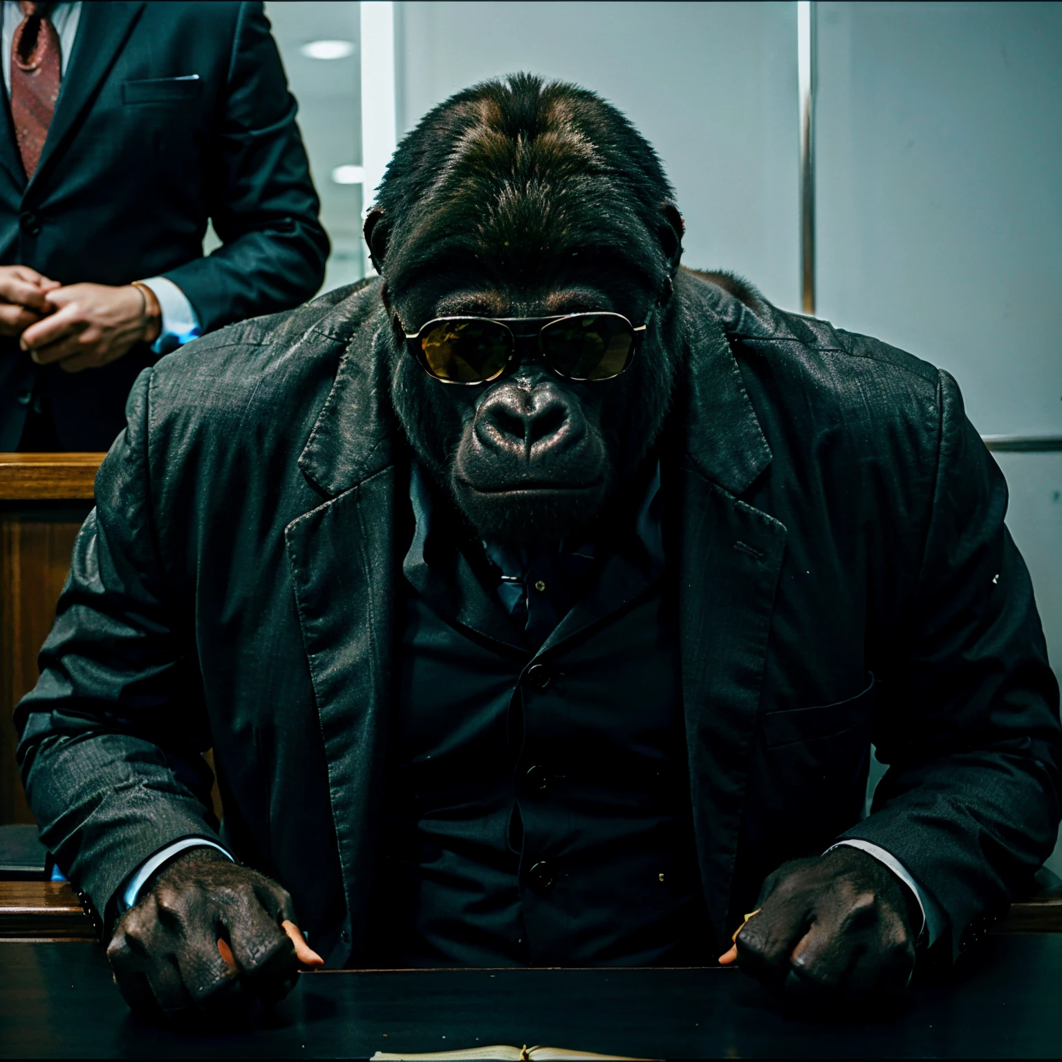large, muscular,Male,mature,adult,stealthy,Lurking,Average,Anger look,chimpanzee,menacing eyes,open mouth,wearing kimono,in the fighting ring.