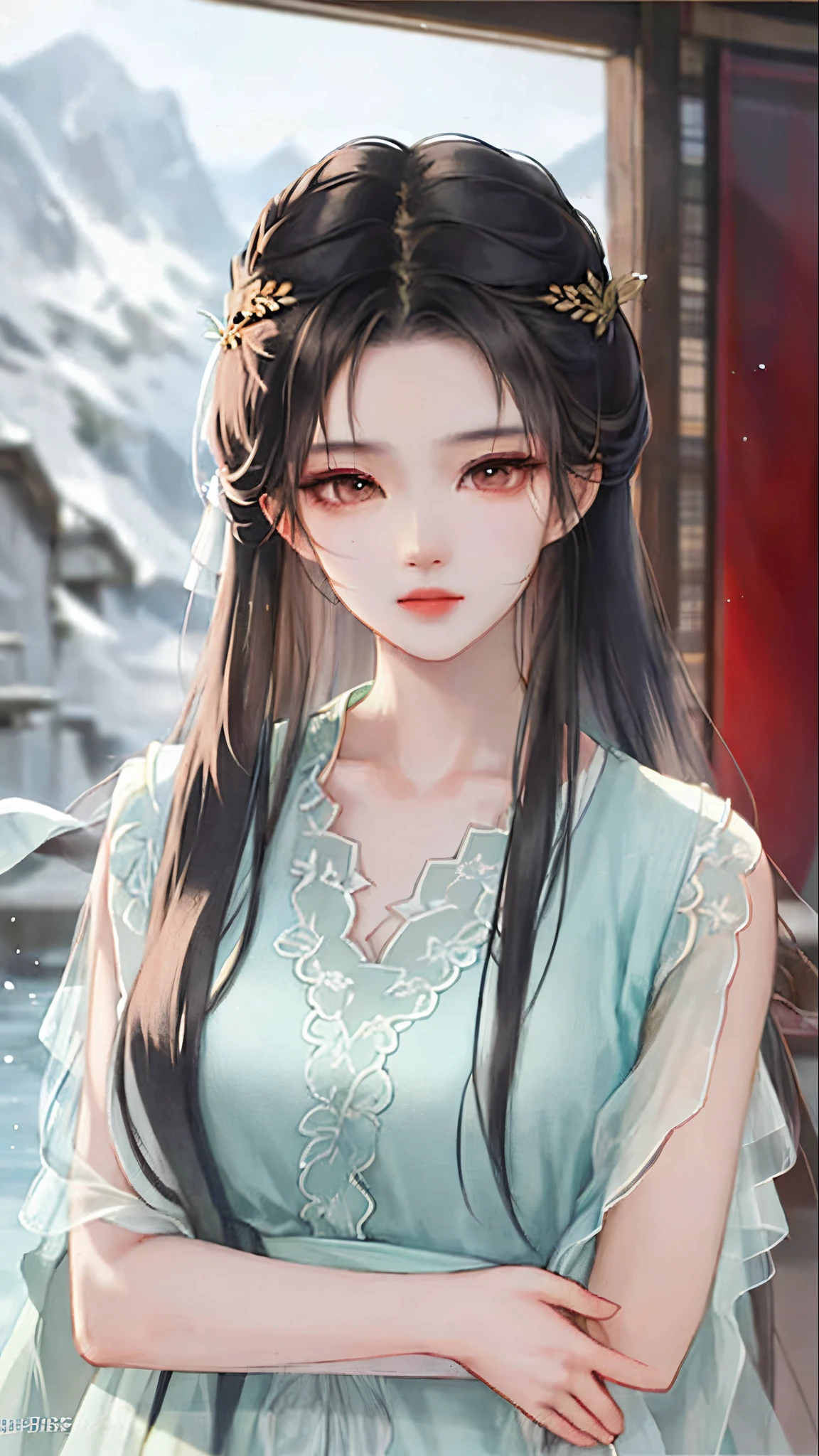 Best quality, masterpiece, brunette hair, blue eyes, head up, wearing traditional Chinese costume, (tiara 4.1), scared expression, looking straight into camera, cave in background
