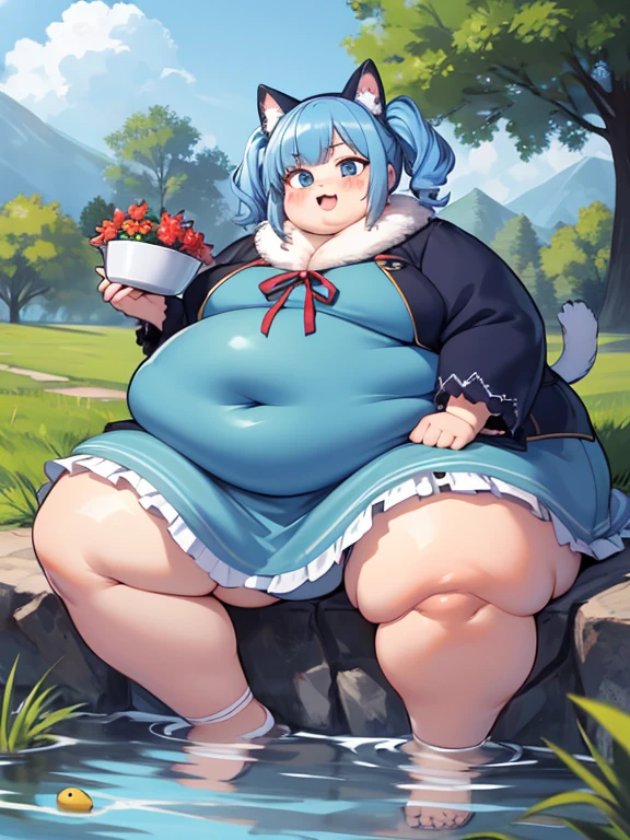 ((masterpiece, best quality)),fat furry, animal ears,  tail, bodyfur, obedy body, fat belly, thick thighs, fat arms, fat butt
(ultra-detailed), (illustration), (ultra highres), (delicate illustration), (hyper detailed),1girl, blue_dress, blue_eyes, blue_hair, blush, dress, long_sleeves, outdoors, pond, short_hair, sitting, soaking_feet, solo, twintails, two_side_up, water