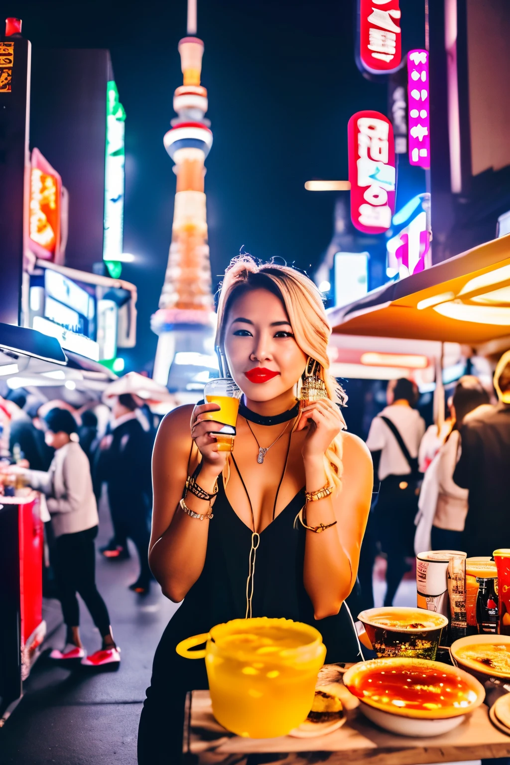 1girl, (((bimbo))),(hoop earrings, puffy lips, painted lips, thick lips.:1.2) ((platform heels))
blonde hair, (short twintails,:1.2) wide hips, thick thighs, bursting breasts (
Nightlife, Night city, Cyberpunk city, futuristic cityscape. Neon lights, (skyscraper:1.1), Tokyo tower, palm tree, cloth sign, ramen stall, night club. bright city lights, exotic car. alcohol, bar, ramen, soup stall ,alcohol bottles, ((crowded background)), ((Paparazi))