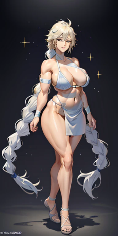 1girl full body standing, nice ass, Hairstyle with a braid, white colored hair, Yellow eyes, perfect lighting, muscular, thights, Mature woman, mummy, bellybutton, Abs, looks at the viewer (tmasterpiece, hiquality: 1.1) ssmile, Extremely huge breasts, Maternal, porcelain skin, extra very long hair, sparkly skin, good face, chest cover