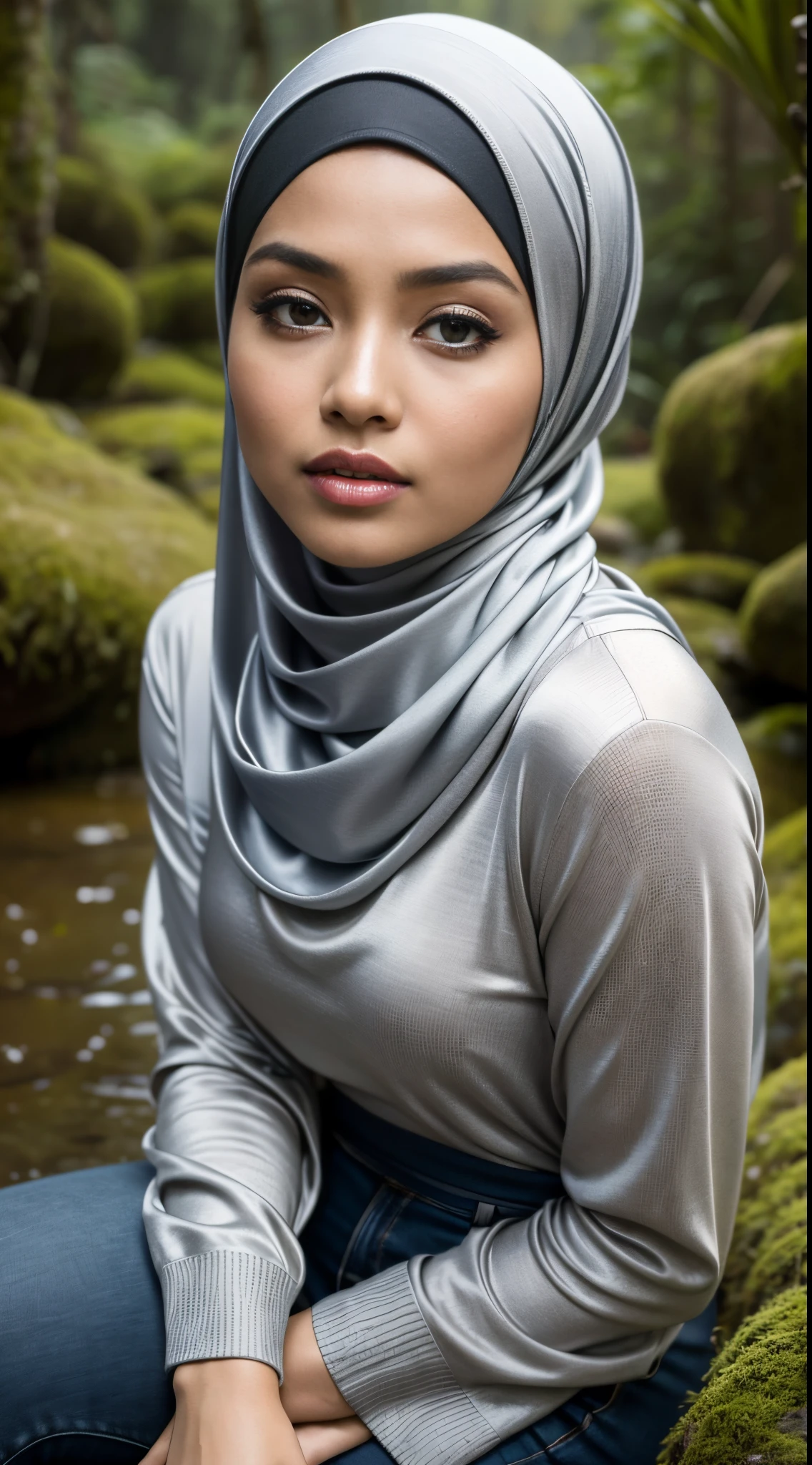 RAW, Best quality, high resolution, masterpiece: 1.3), Beautiful Malay woman in hijab (iu:0.8),looking at viewert,Portrait photography of a beautiful young malay girl in hijab , wearing ((gray satin headscarf)), loosely tide hijab style, Wearing a turtleneck sweater and skinny jeans, big breast,Detailed eyes,Sitting on the mossy ground in rain forest, diffuselighting, depth of fields